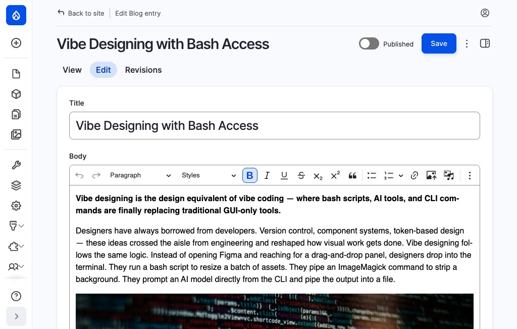 Abduzeedo CMS editor — vibe designing publishing workflow with browser automation
