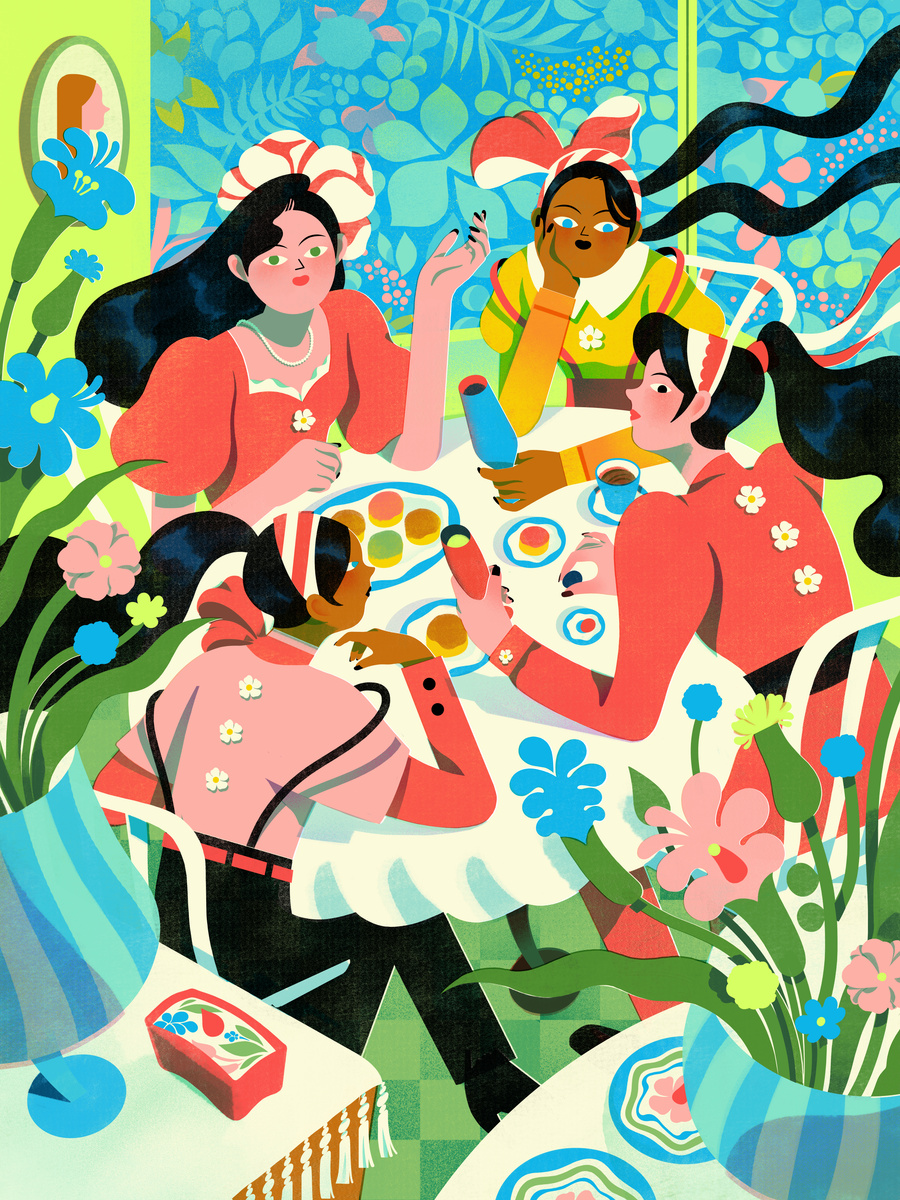 Peilin Li illustration Spring four women at afternoon tea with pink and green palette and flowers