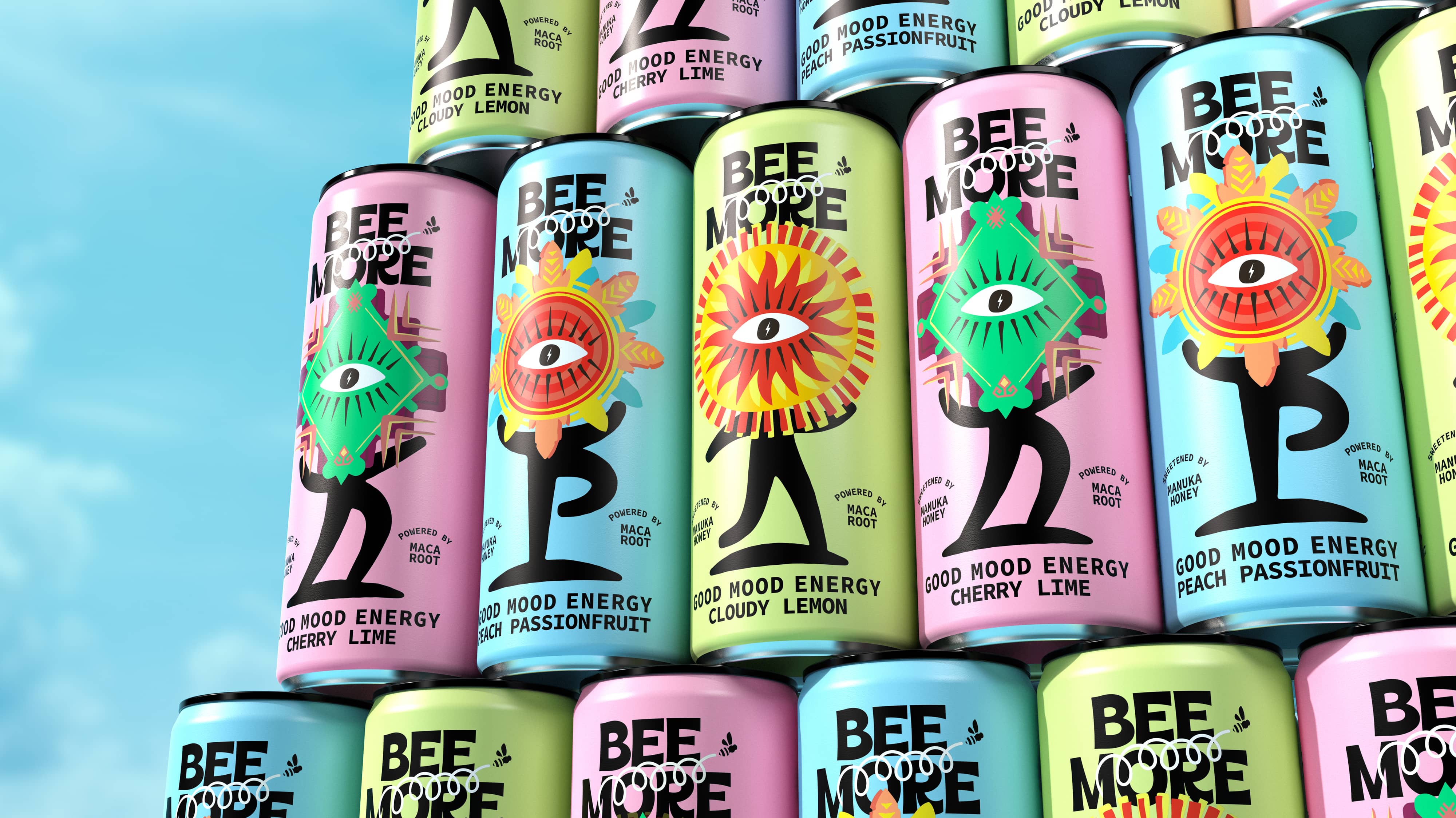 BeeMore cans stacked into a patterned retail wall across all three colorways