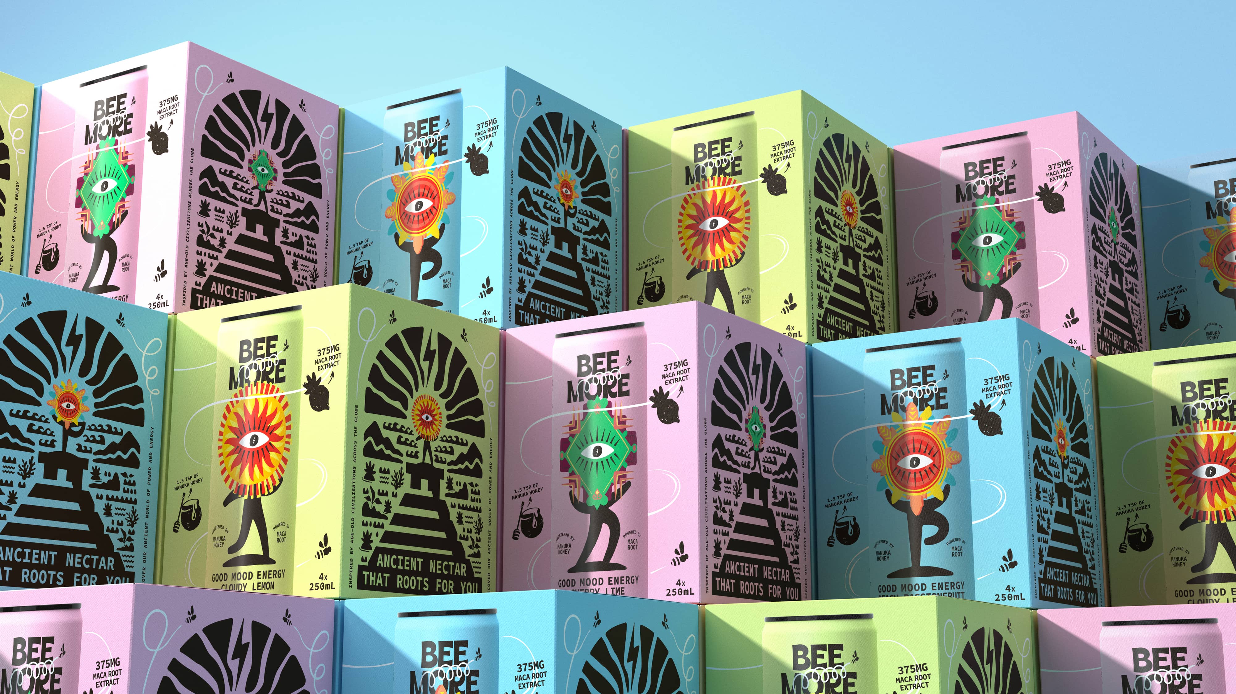 BeeMore 4-pack boxes showing the pyramid-pattern symbol sides