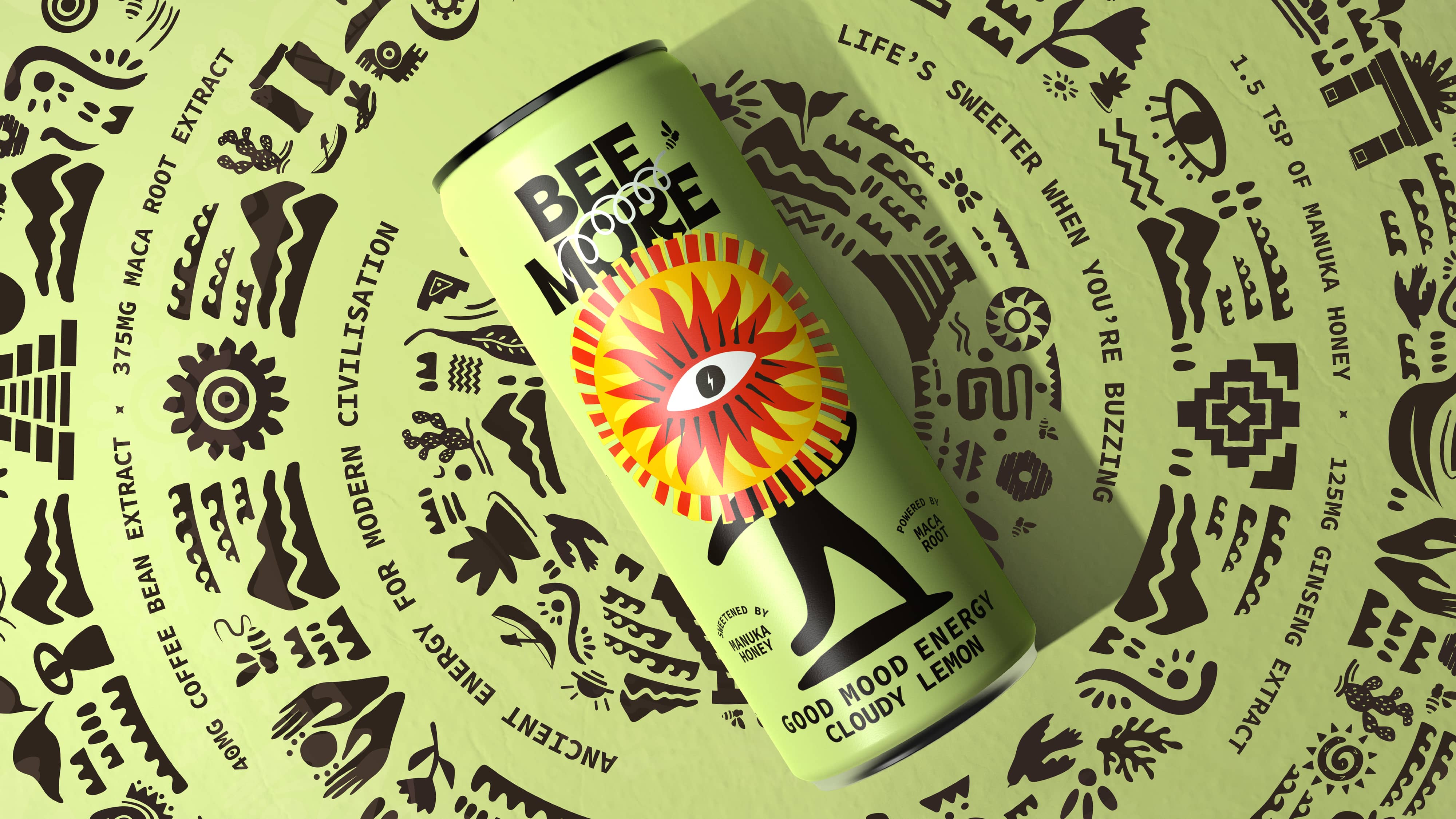 Single Cloudy Lemon can on the ritual-symbol pattern background