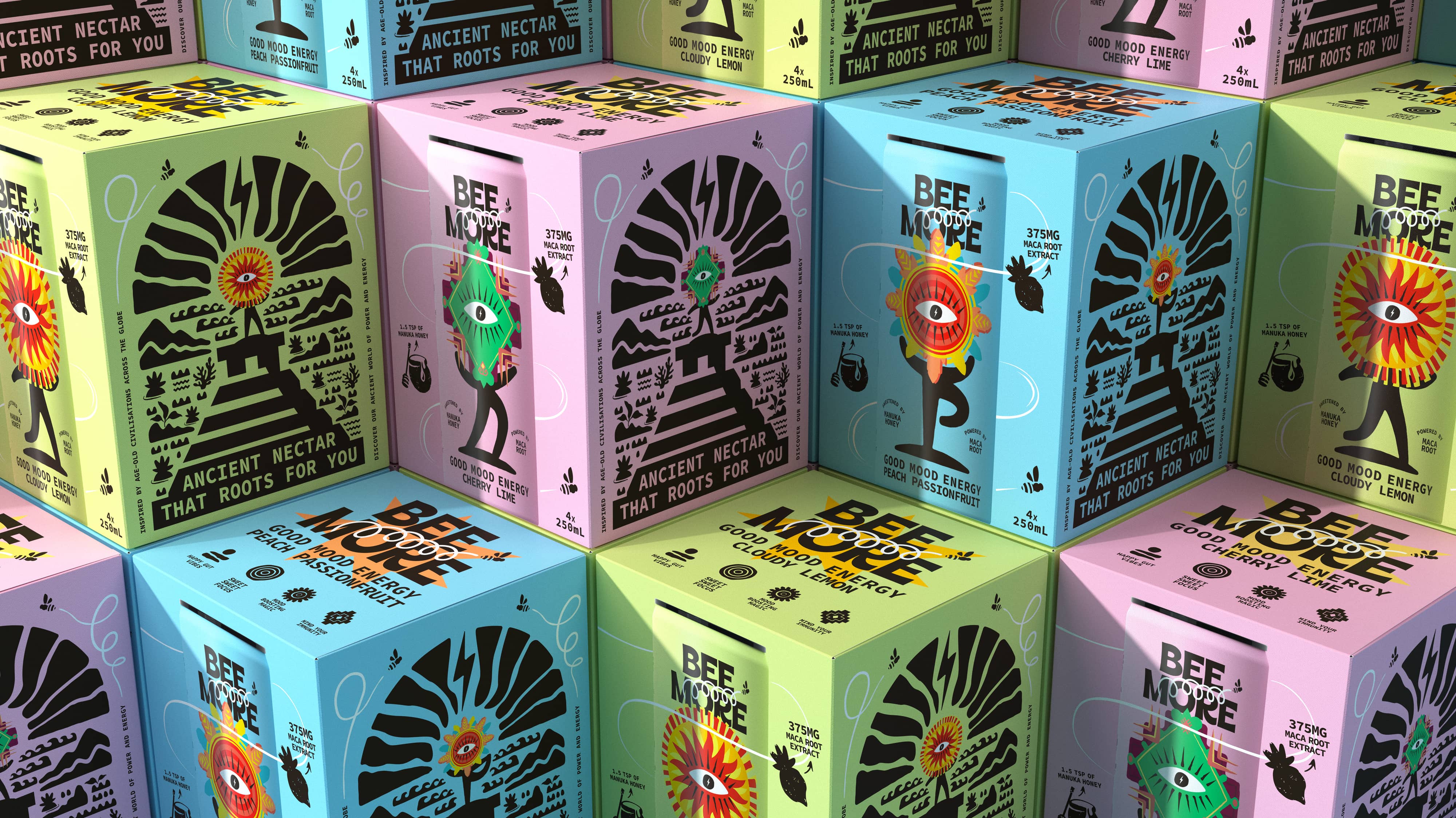 Stacked BeeMore 4-pack boxes in all three colorways