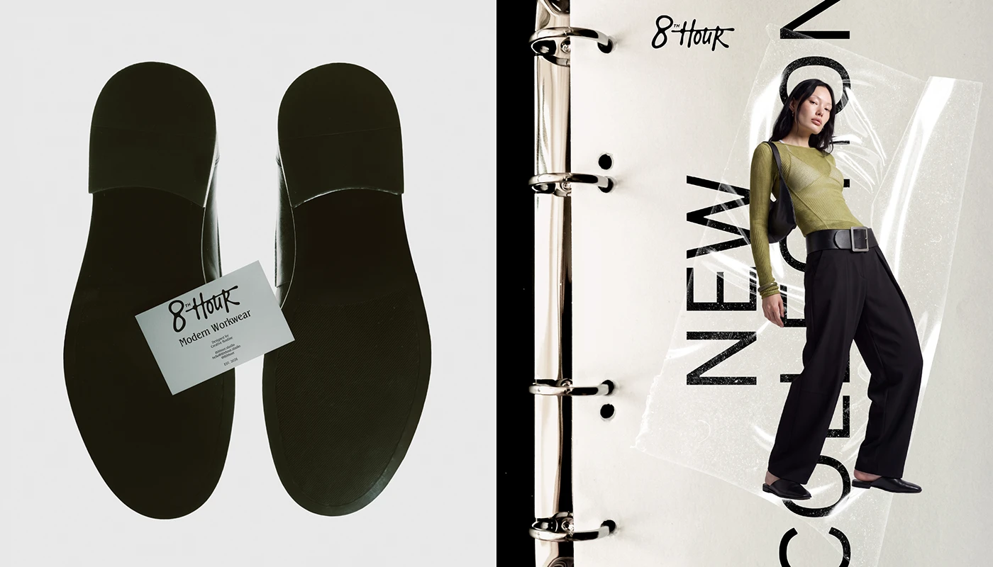 8th Hour footwear branding with modern workwear spec card