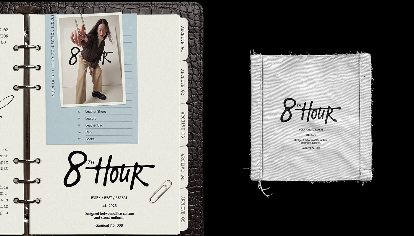 8th Hour binder archive branding and woven cloth label