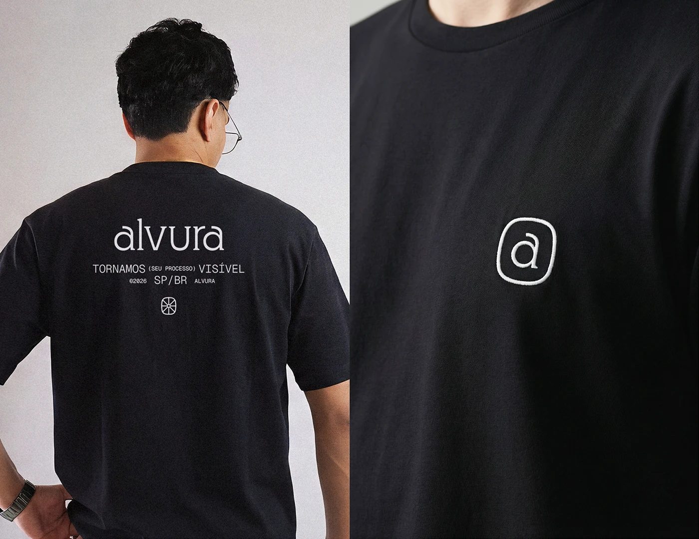 Alvura Filmes branding black staff t-shirt embroidered with a monogram