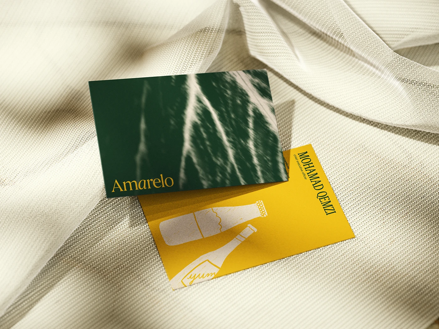 Amarelo Beverages branding business cards stationery suite on fabric