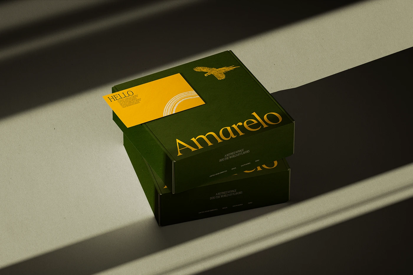 Amarelo Beverages branding forest green box detail