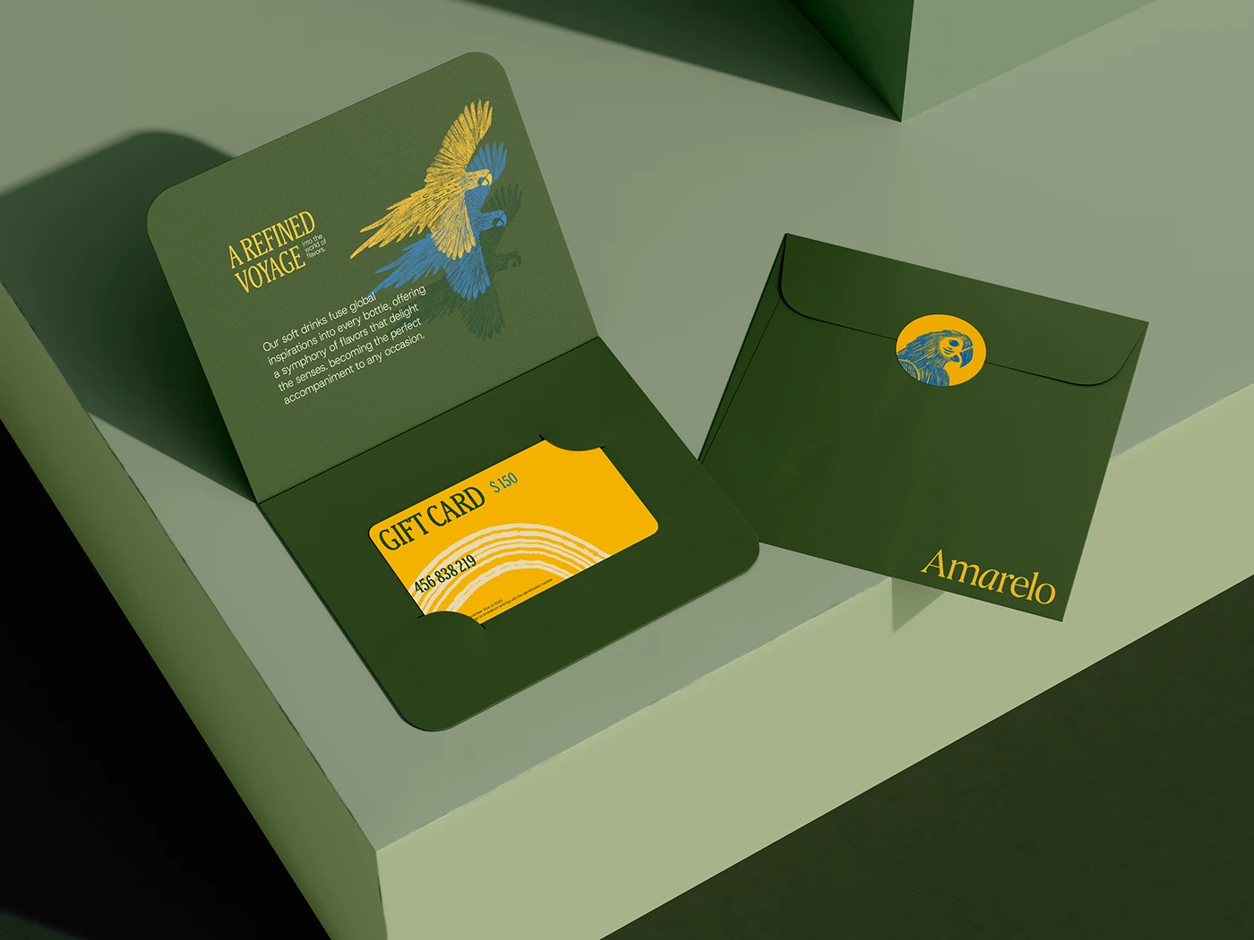 Amarelo Beverages branding gift card folder and envelope seal