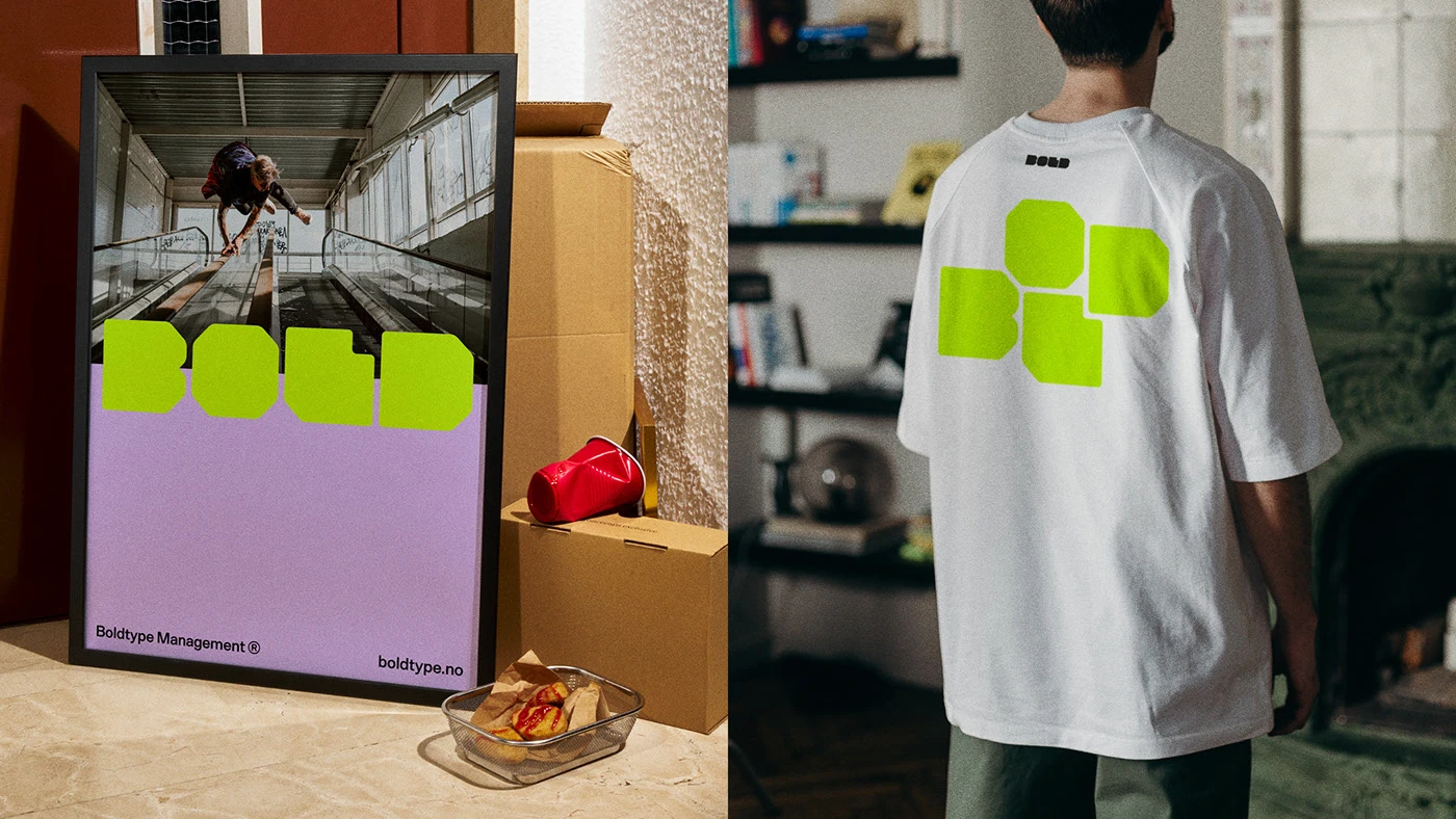 Boldtype Management branding framed art print and streetwear shirt