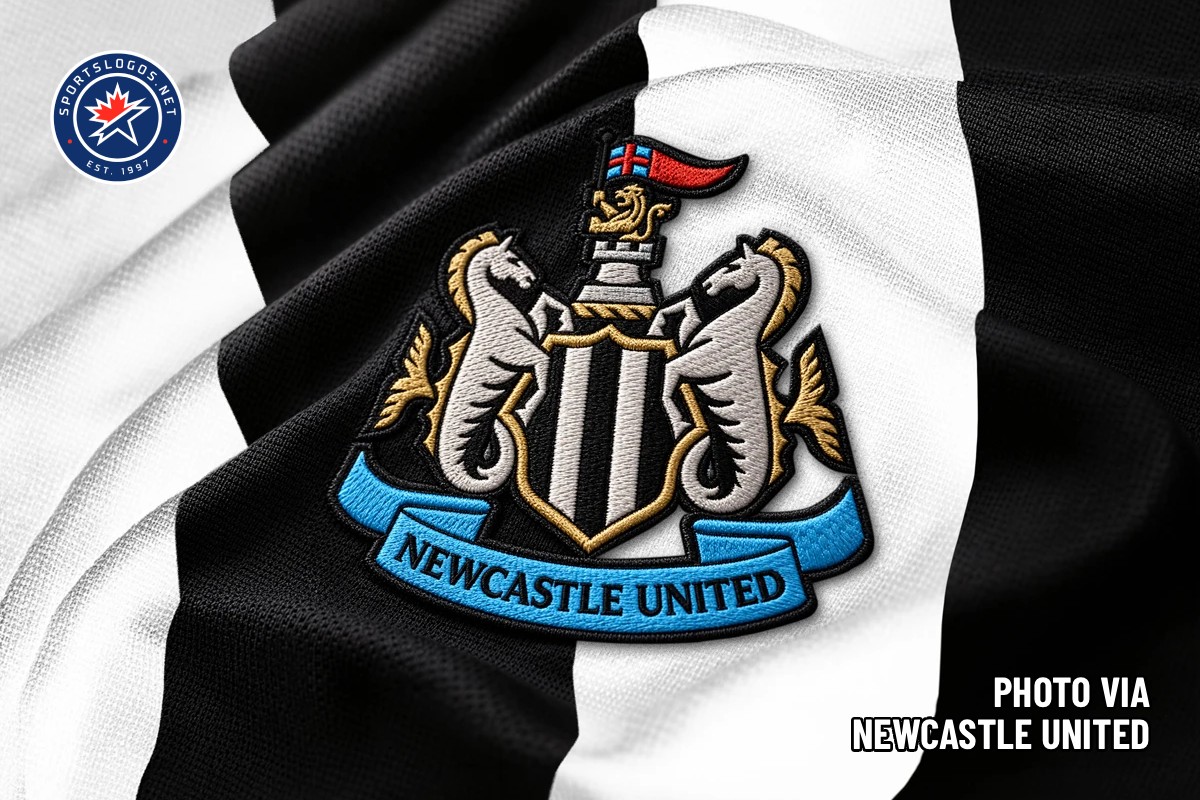 The new Newcastle United crest embroidered on the club's black-and-white home shirt