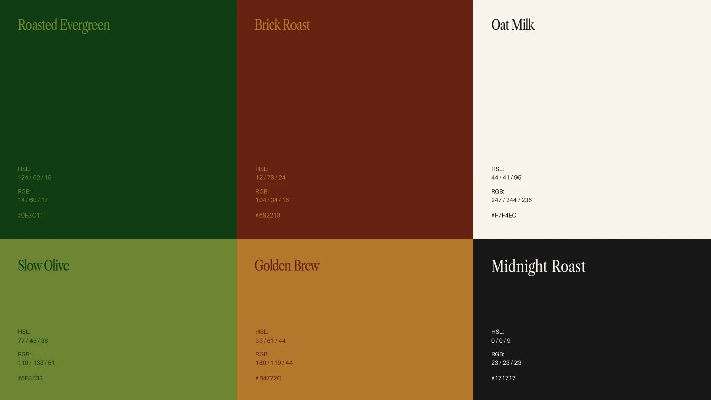 Four Squares Cafe brand color palette: Roasted Evergreen, Brick Roast, Oat Milk, Slow Olive, Golden Brew, Midnight Roast