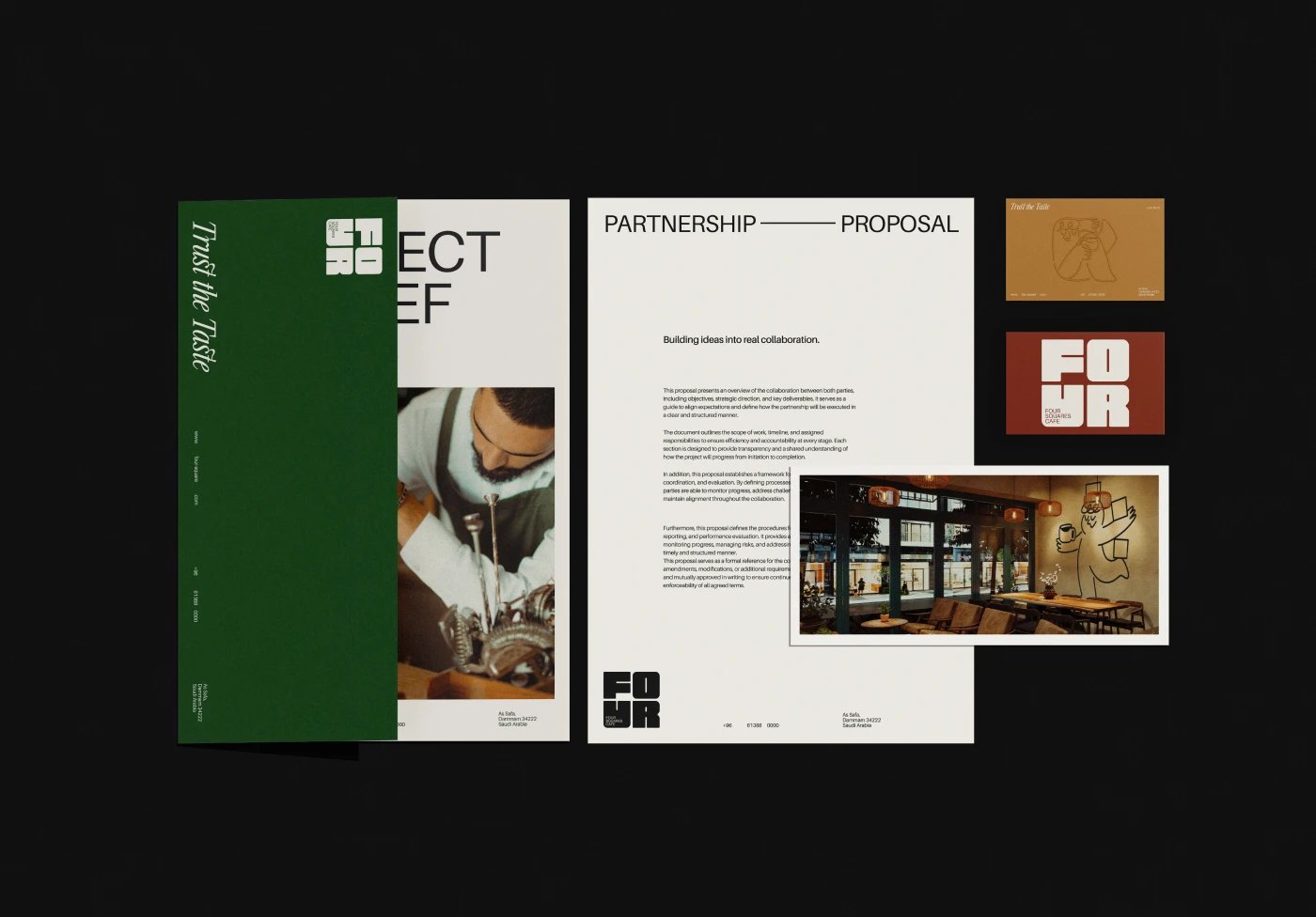 Four Squares Cafe partnership proposal stationery suite by Studio Moara