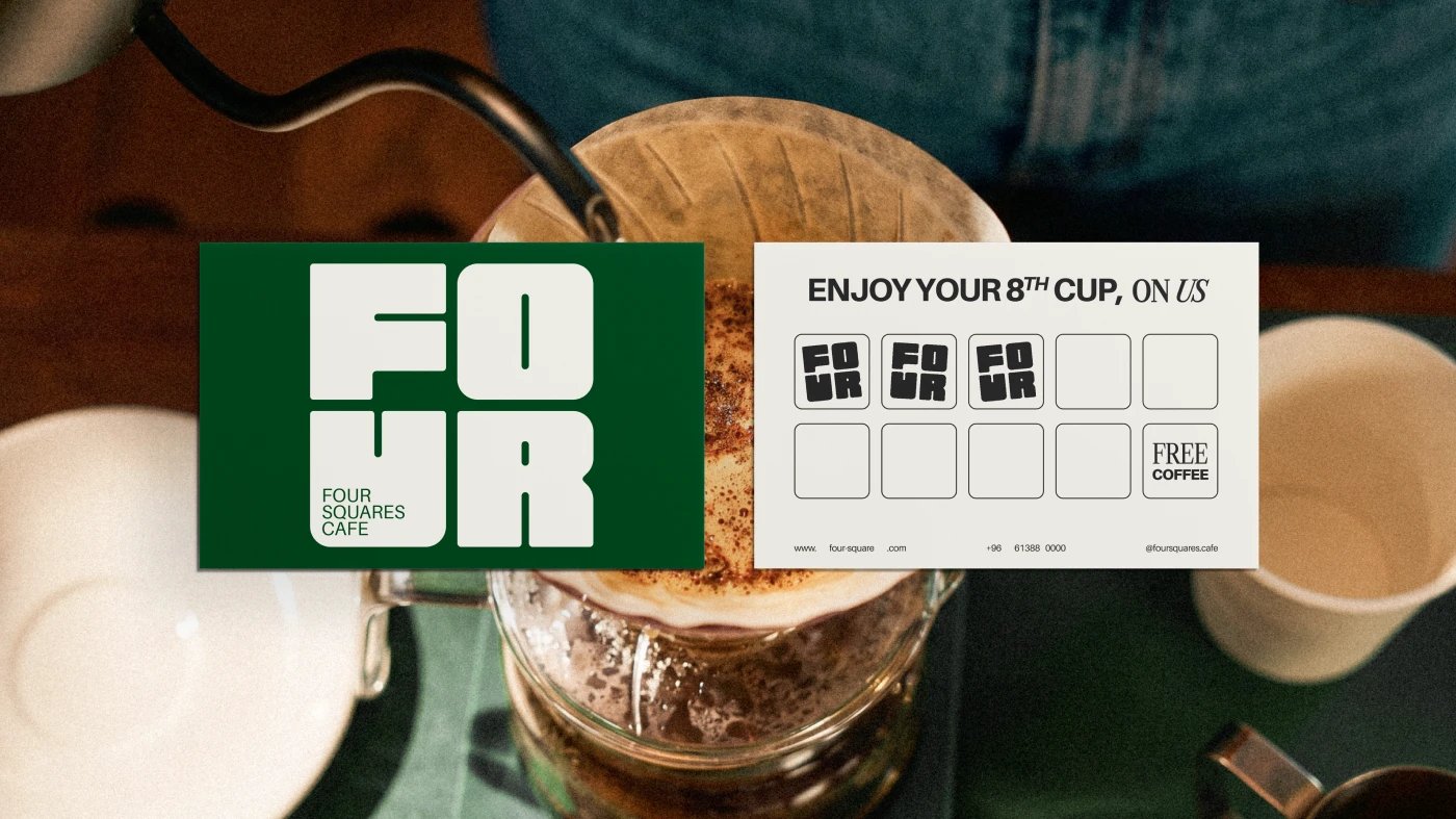 Four Squares Cafe loyalty card: enjoy your eighth cup on us, with four-square wordmark card