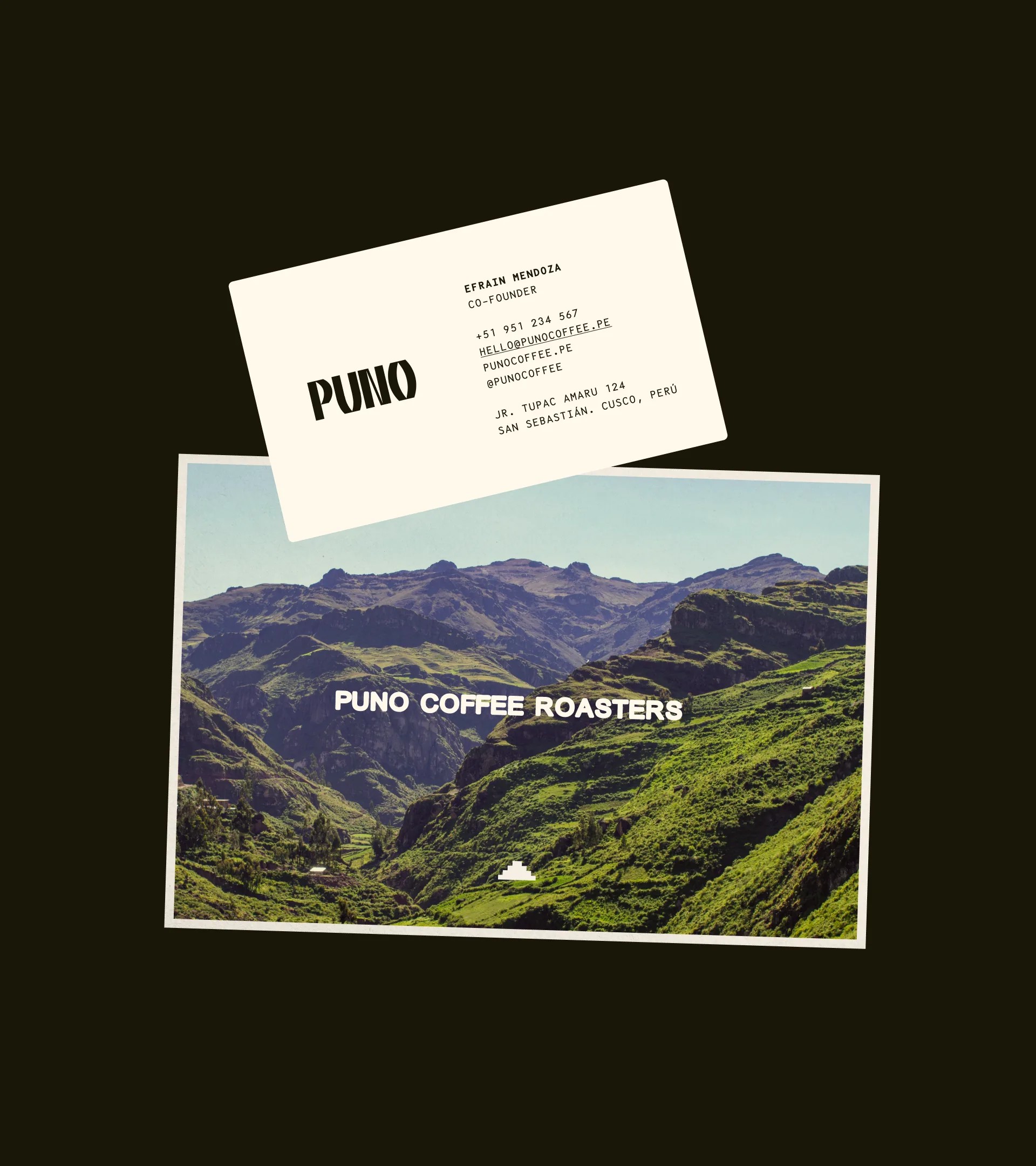 PUNO Coffee business card with the stepped pyramid mark