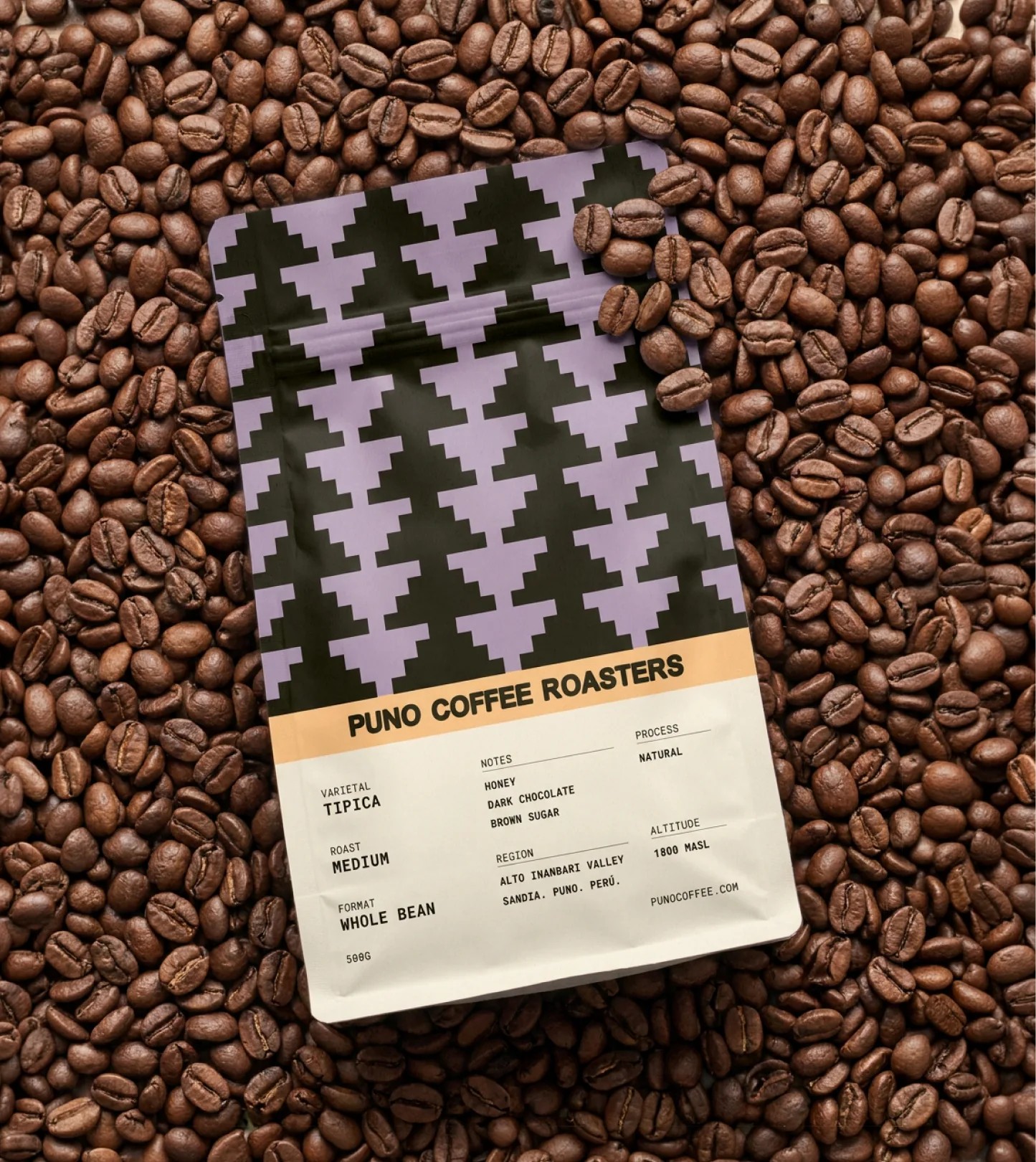 PUNO Coffee whole-bean bag flat on roasted beans showing the full specification label