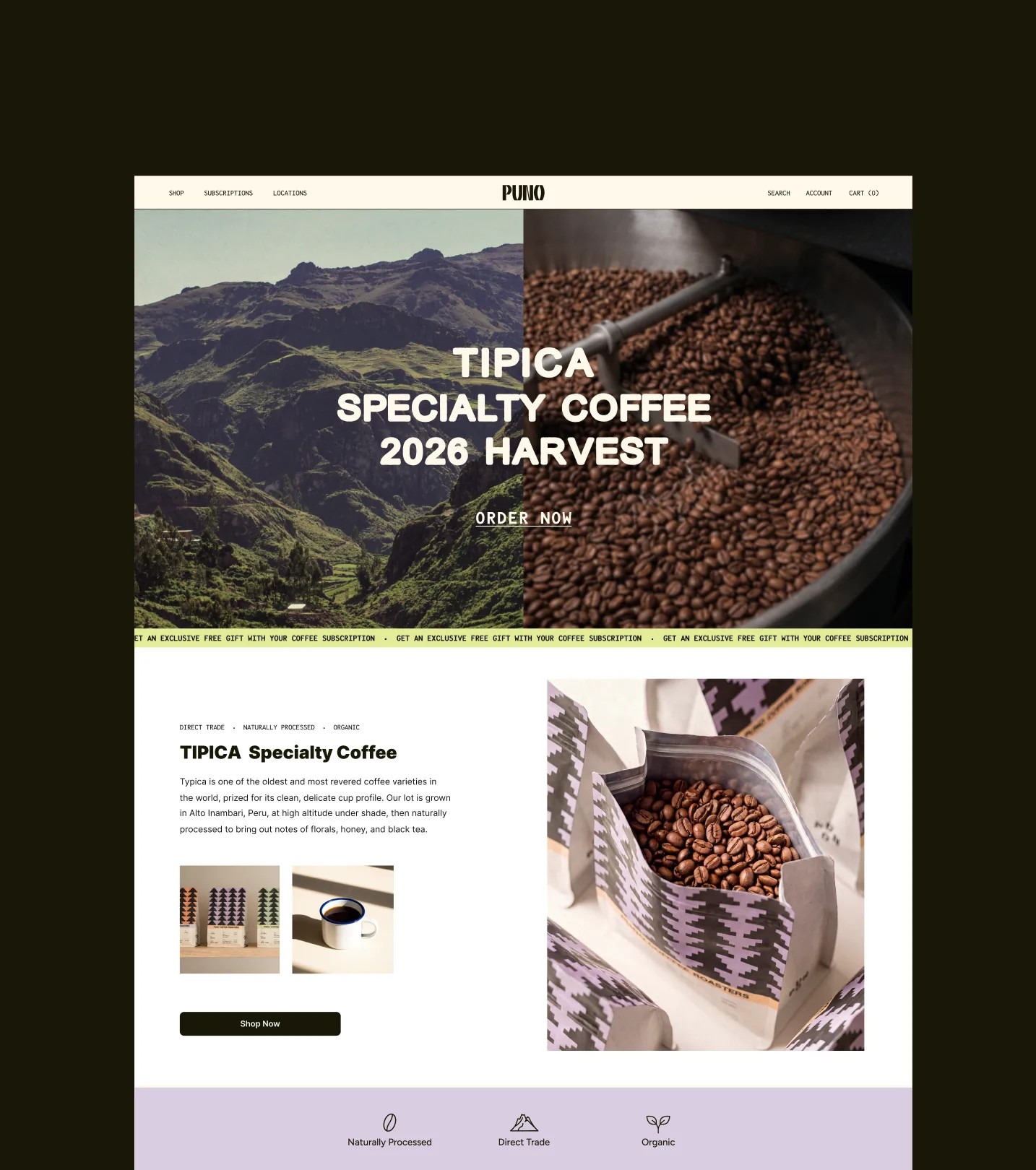 PUNO Coffee website homepage mockup with the valley hero and Tipica bag product callout
