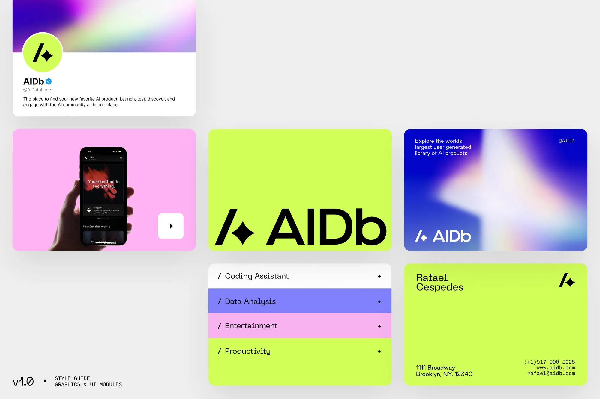 AIDb identity style-guide board with UI modules, business card and social profile