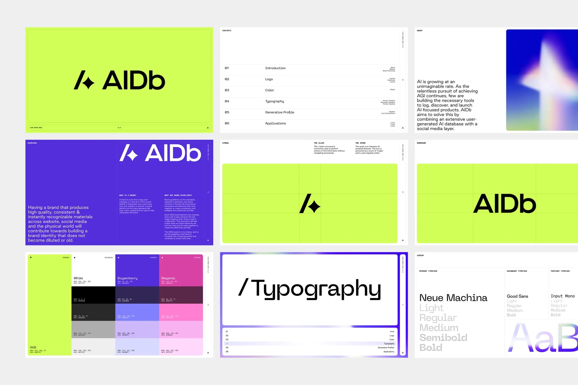 AIDb identity brand book spreads showing logo, color and typography
