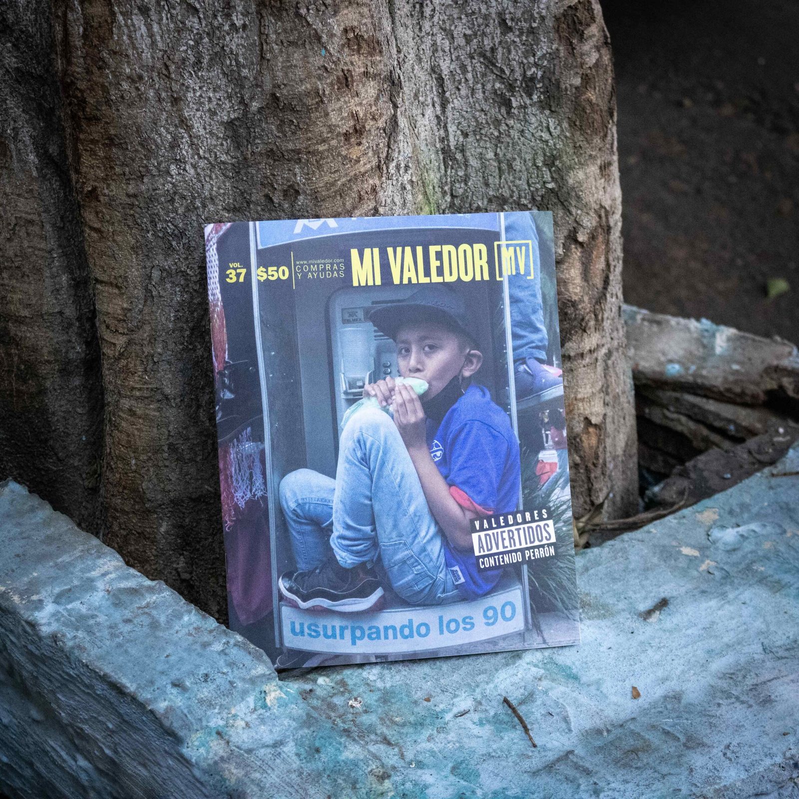 Revista Mi Valedor Vol. 37 'Usurpando los 90' cover photographed against a tree trunk
