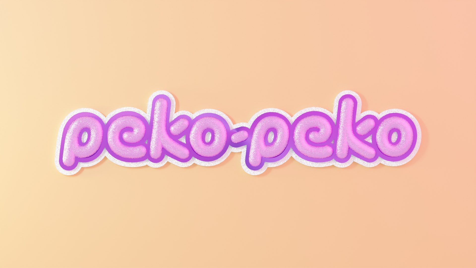 Peko-Peko balloon-letter wordmark in pink glitter with a purple outline and white halo on a peach background