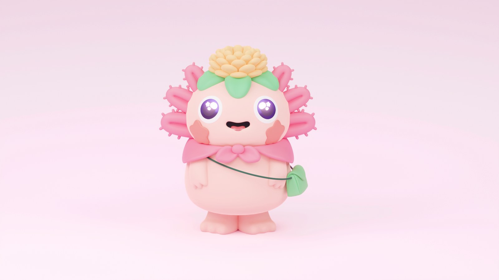 Pink 3D axolotl character with a flower headpiece and cross-body bag on a pink background