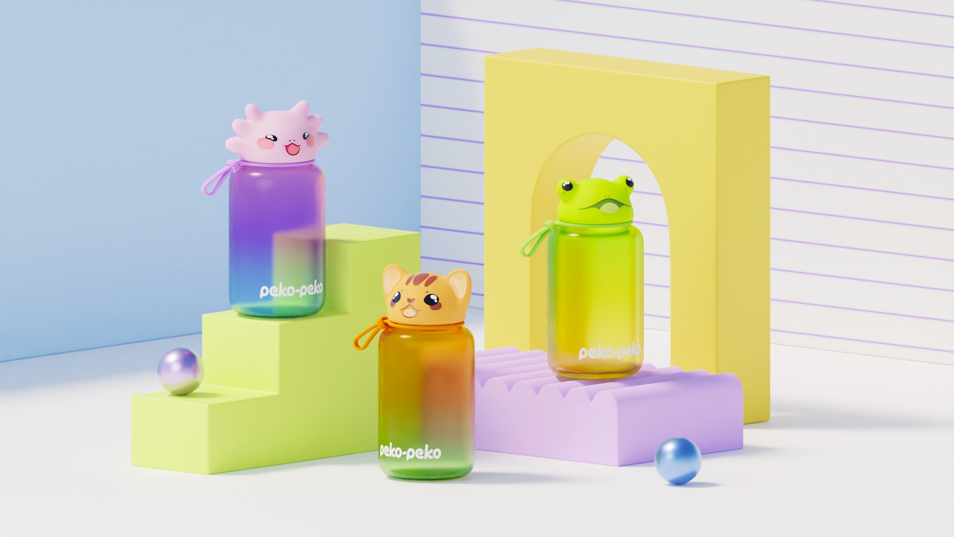 Peko-Peko water bottles with axolotl, cat, and frog character caps on pastel plinths