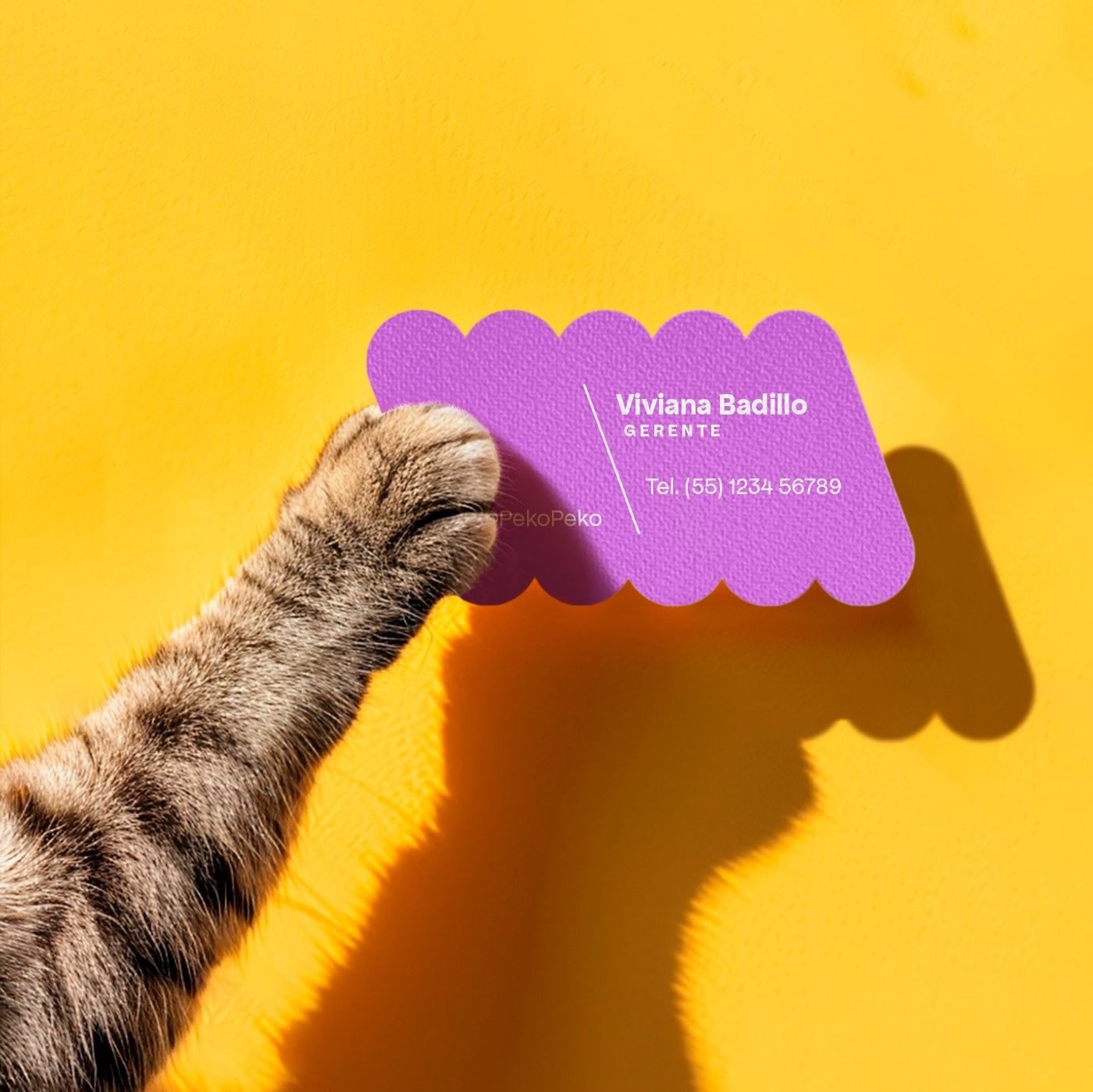 Scalloped purple Peko-Peko business card pinned to a yellow wall by a cat paw