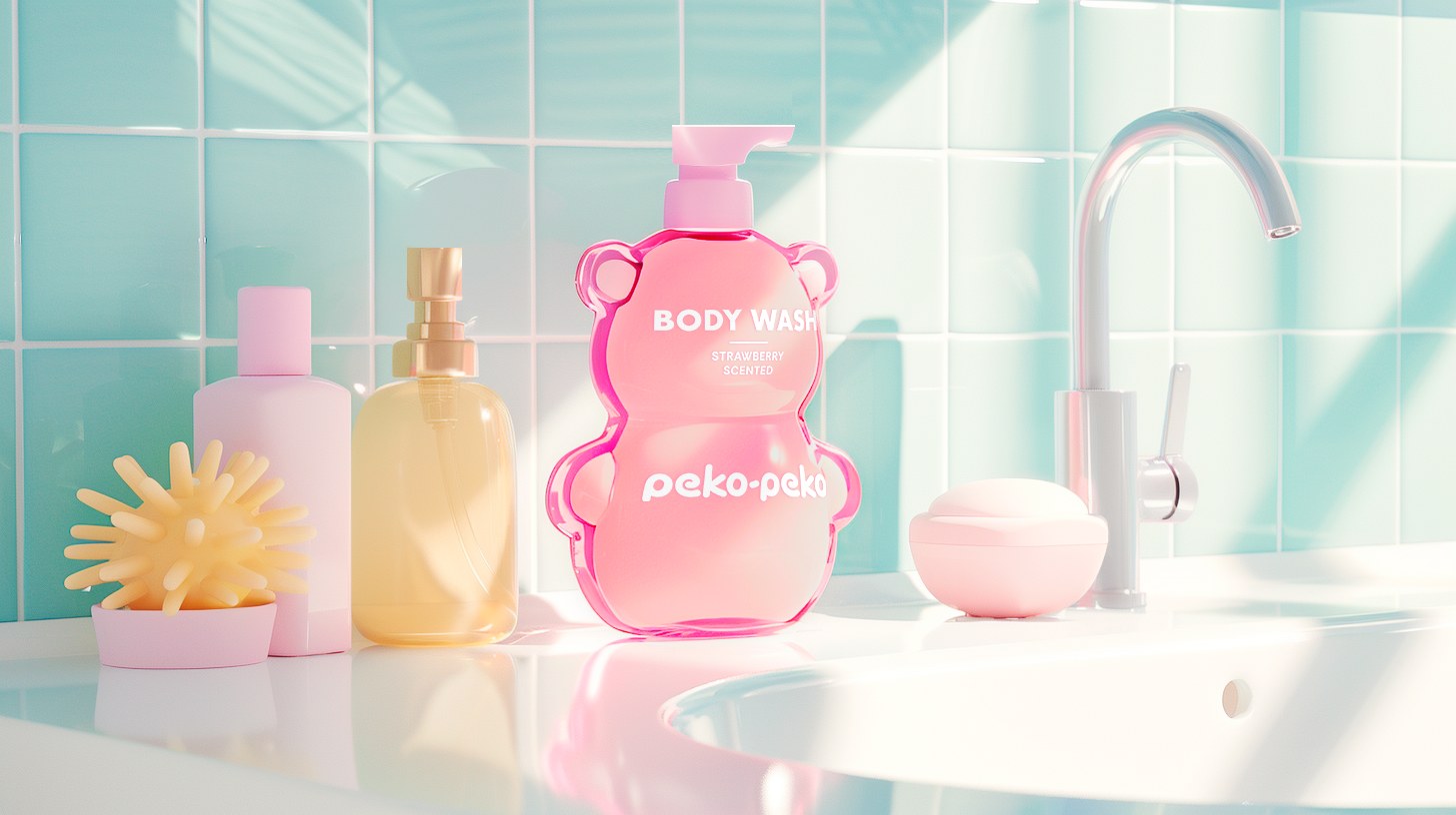 Peko-Peko strawberry body wash in a pink bear-shaped bottle with pastel bathroom products