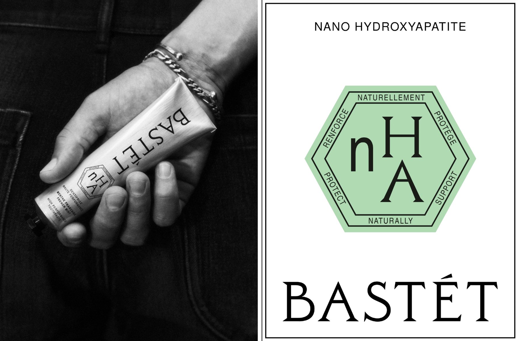Split image: black-and-white photograph of a hand holding the Bastét aluminium tube next to the green hexagonal nHA ingredient badge above the Bastét wordmark