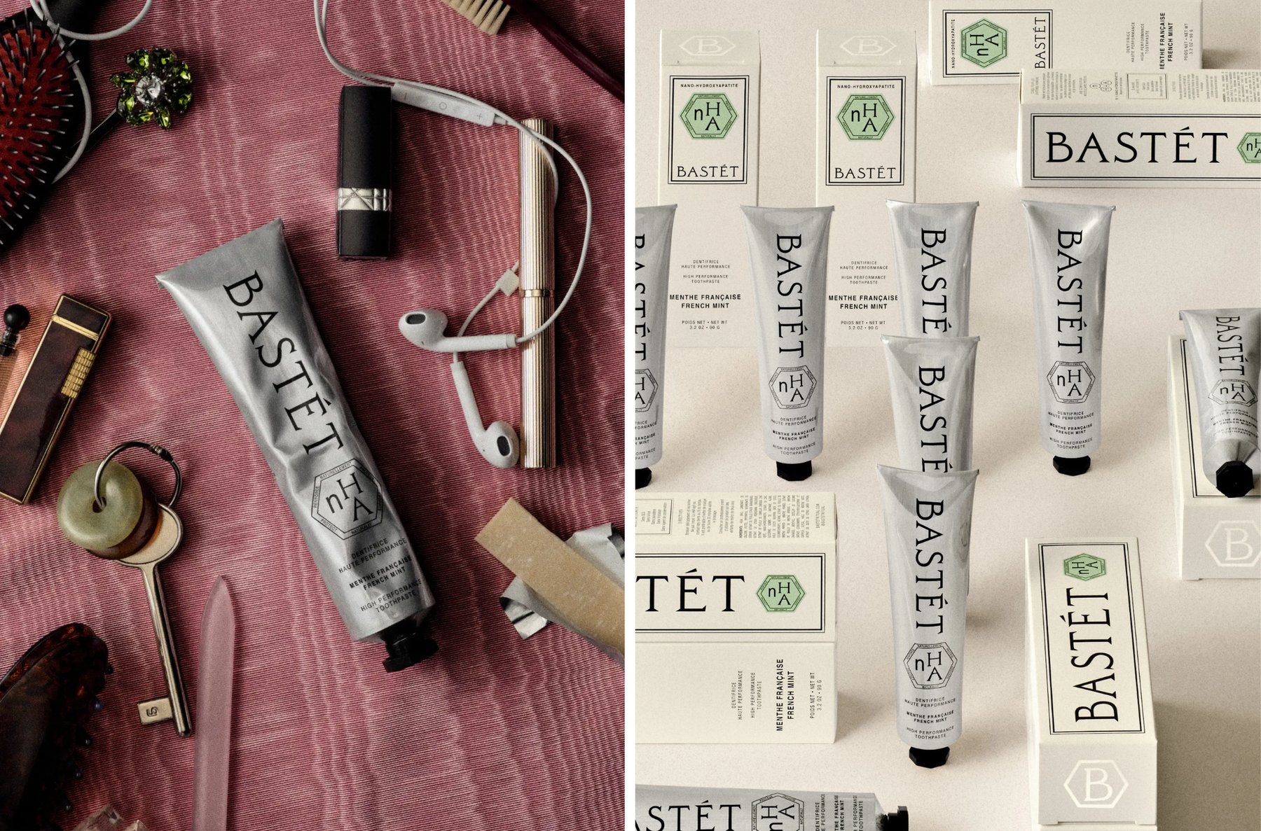 Overhead still life of the Bastét tube spilled from a bag onto pink silk beside lipstick and earphones, next to a flat grid of tubes and cartons