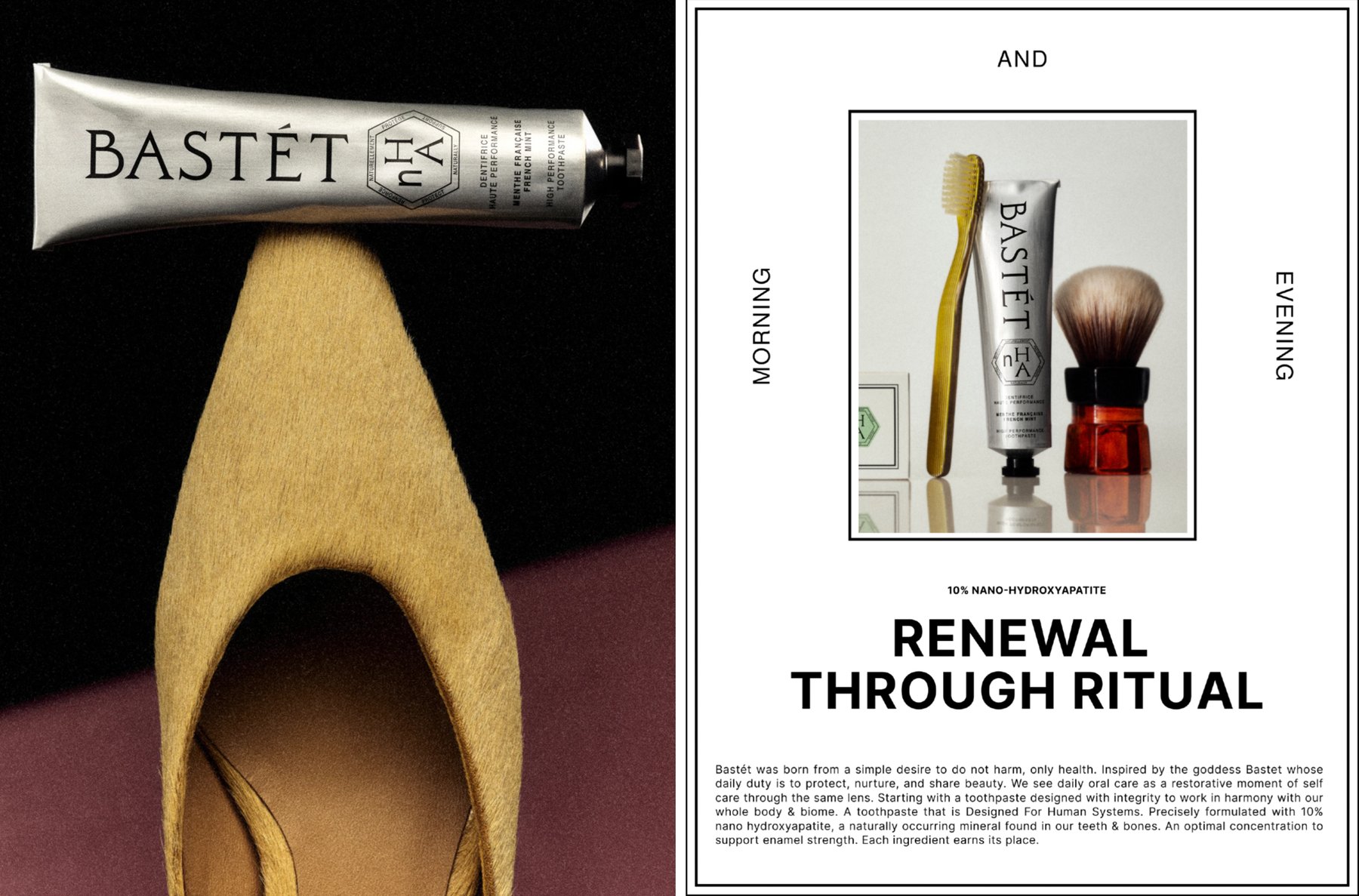 Bastét aluminium tube balanced on a tan suede shoe against black, beside the Morning and Evening ritual brand panel