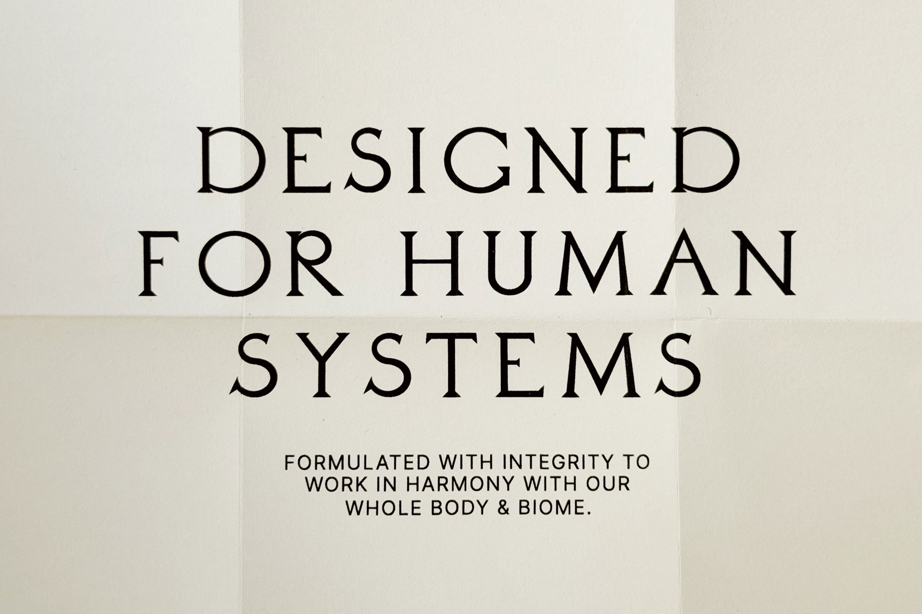 Macro detail of the Bastét carved-serif lettering reading Designed for Human Systems