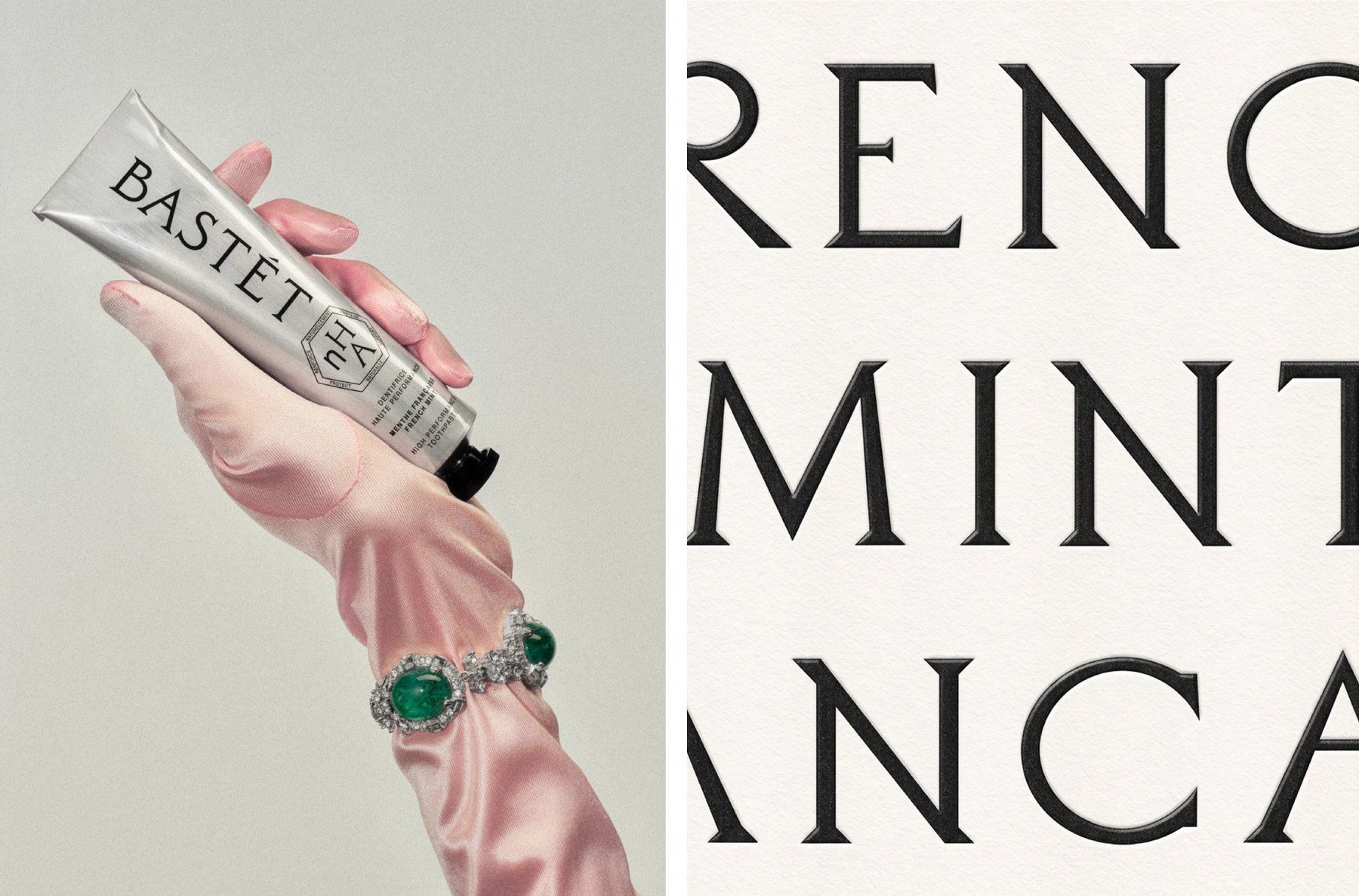 Silk-gloved hand holding the Bastét tube beside a macro crop of the French Mint letterforms