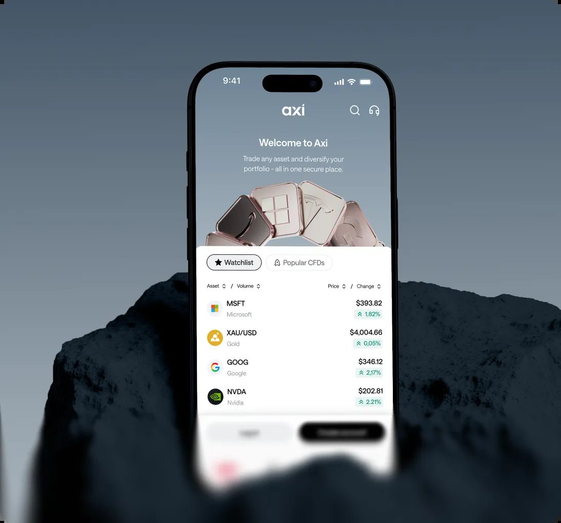 Axi mobile trading app watchlist on a phone, set against dark rock