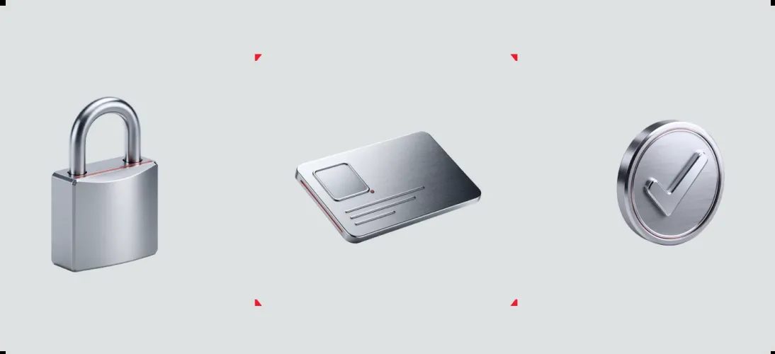 Metallic 3D interface icons: padlock, document and checkmark