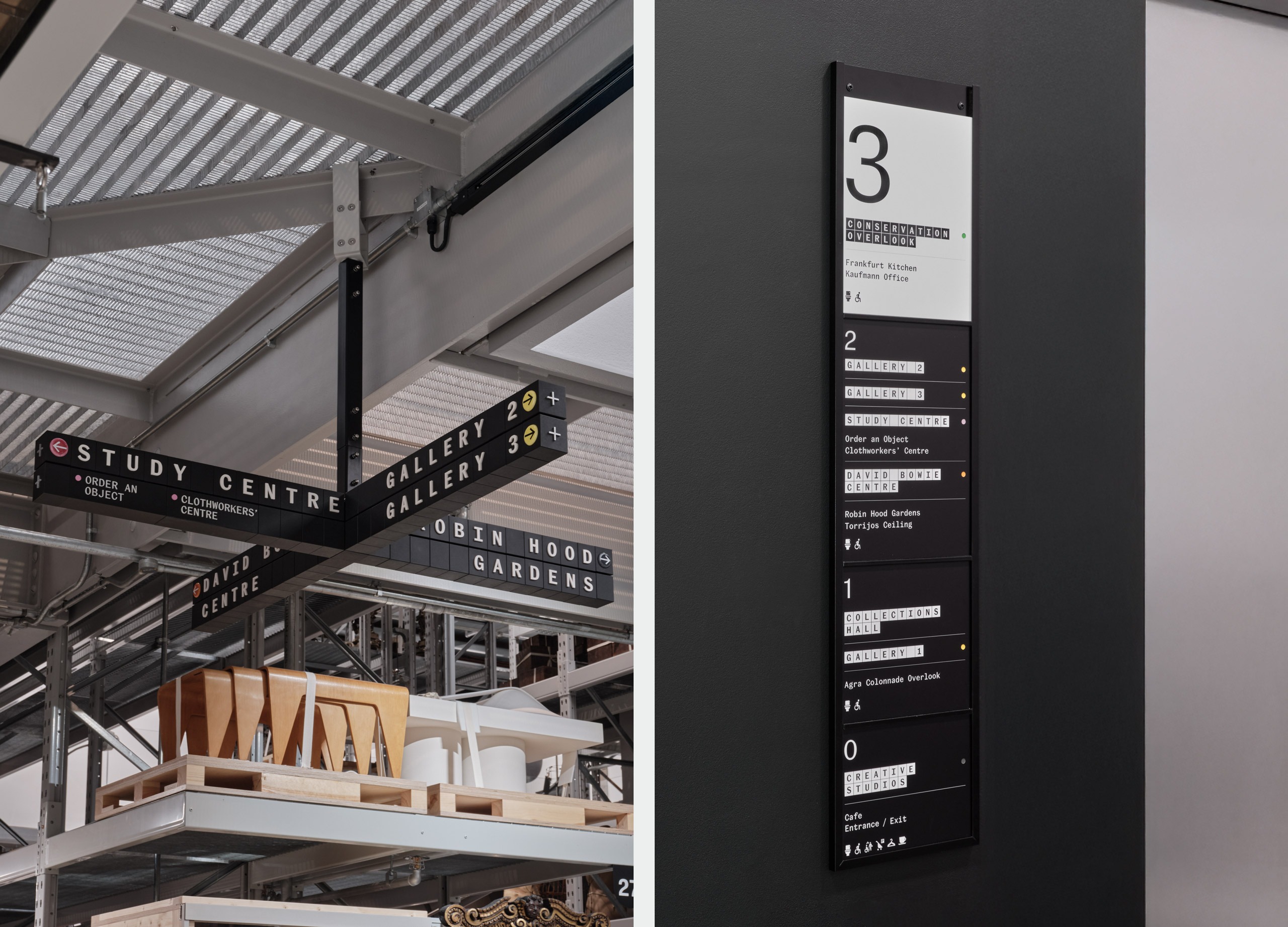 Storage aisle with hanging zone signage in the V&A East Storehouse