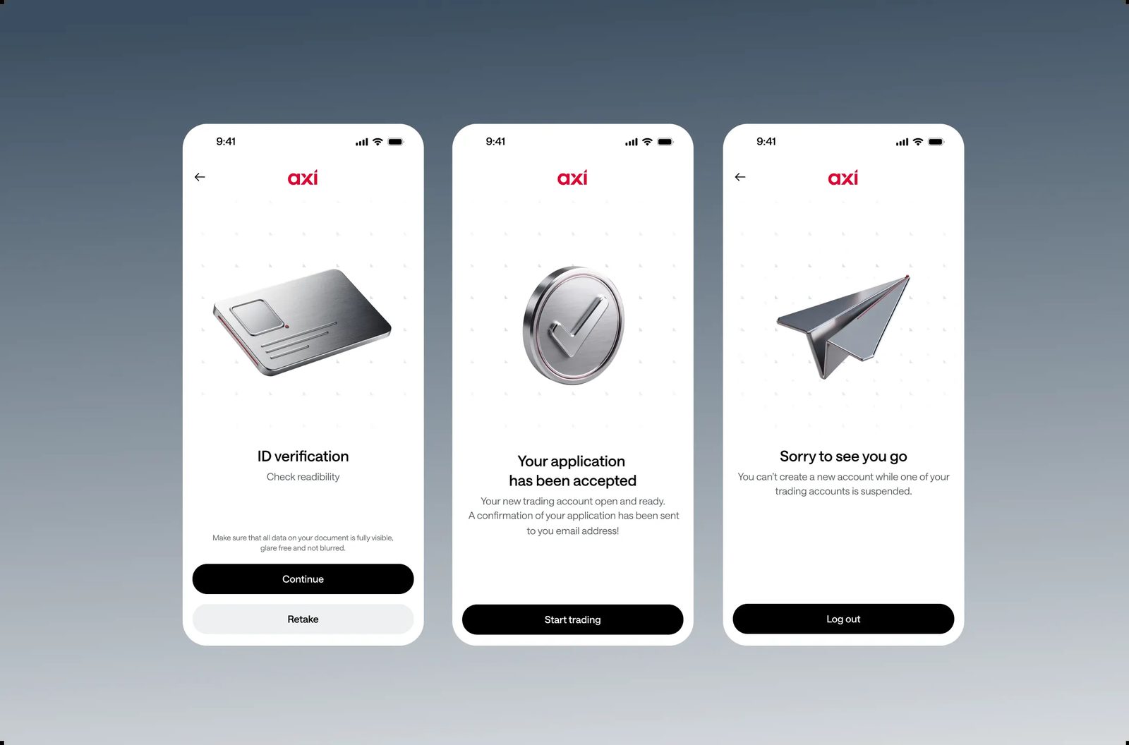 Axi app onboarding screens with 3D illustrations