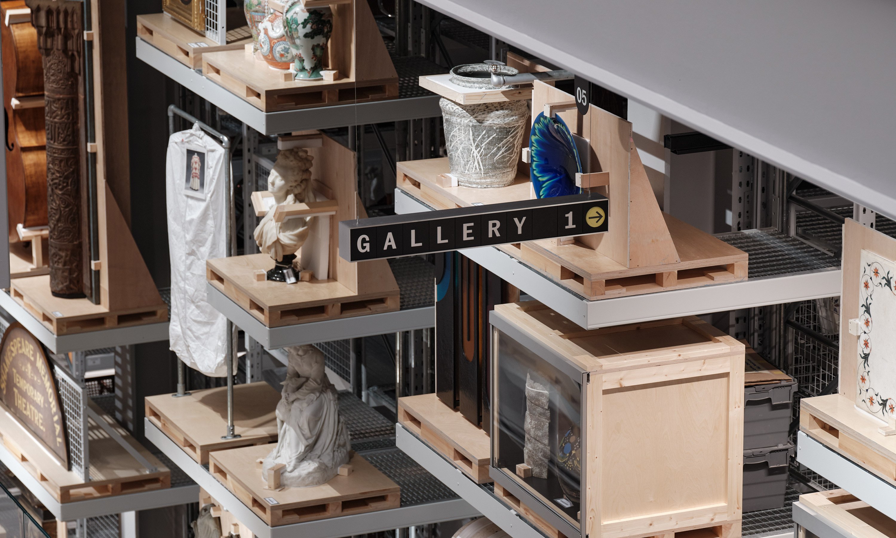 Gallery level with modular signage across the Storehouse interior