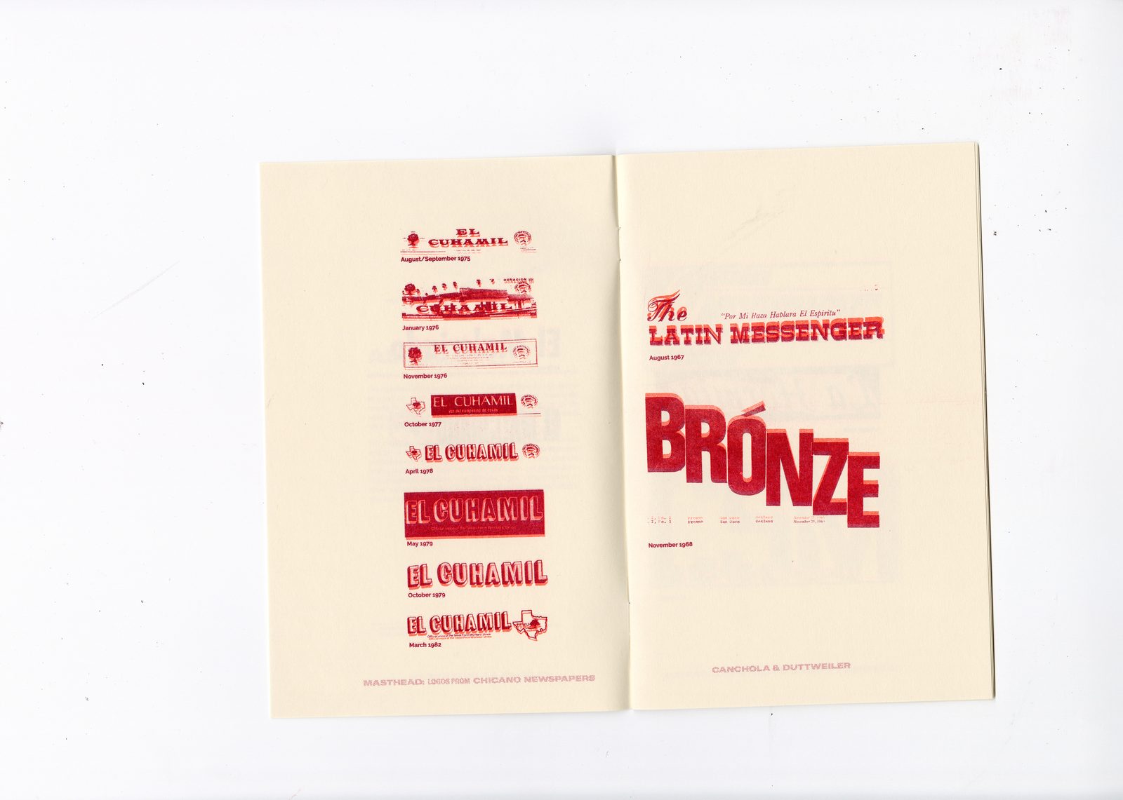 EL CUHAMIL masthead variants from 1971 to 1983 plus The Latin Messenger and BRÓNZE mastheads, from the Masthead Zine