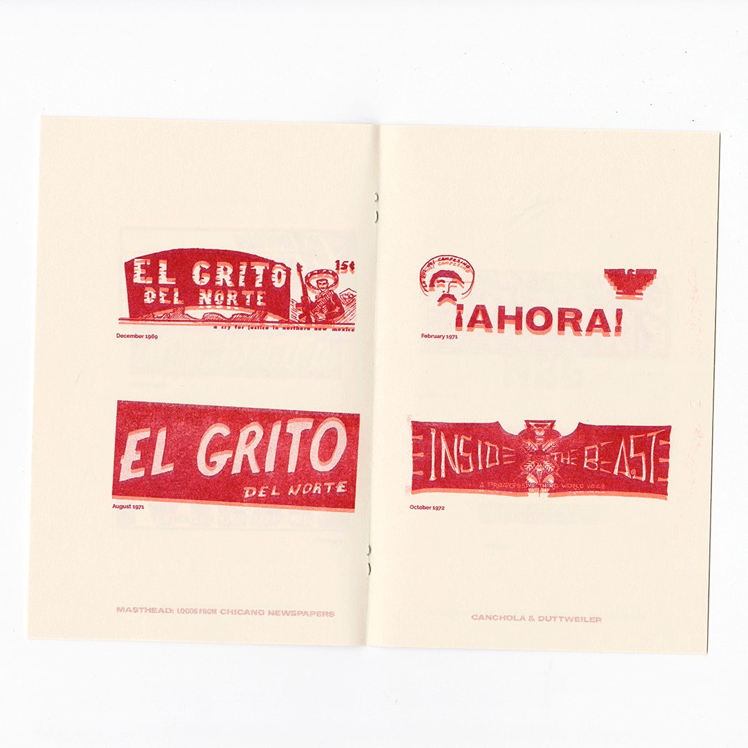 EL GRITO DEL NORTE, ¡AHORA! and INSIDE THE BEAST newspaper mastheads in red ink, from the Masthead Zine