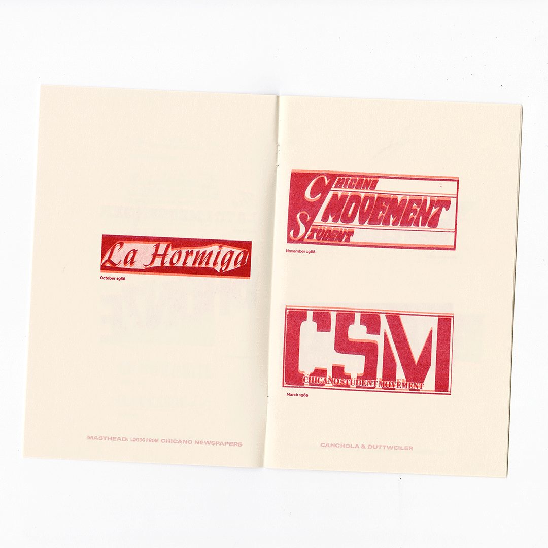 La Hormiga and Chicano Student Movement mastheads from 1968 and 1969, from the Masthead Zine