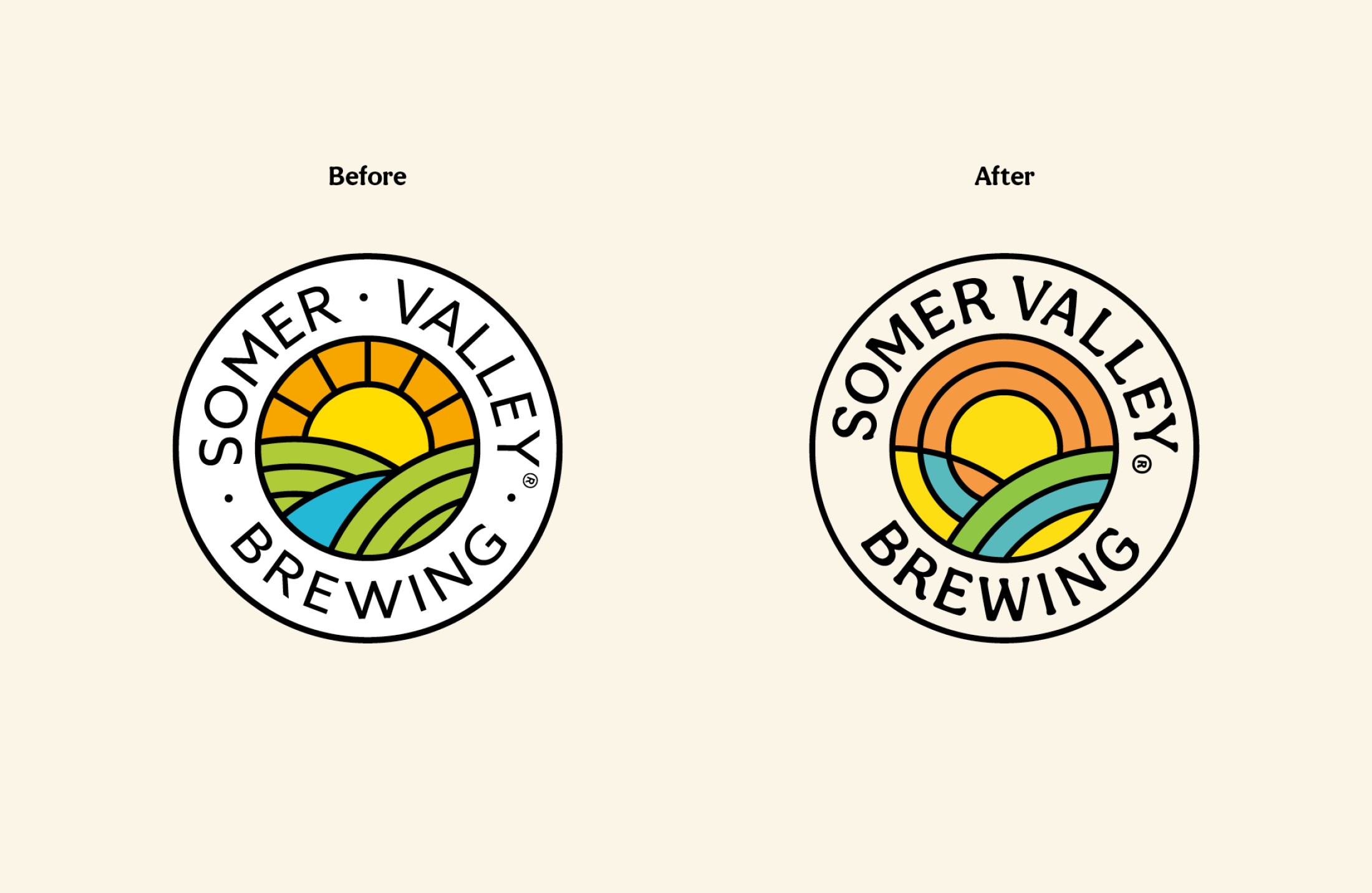 Somer Valley Brewing logo evolution: the original literal landscape mark beside Supple Studio's simplified abstract badge