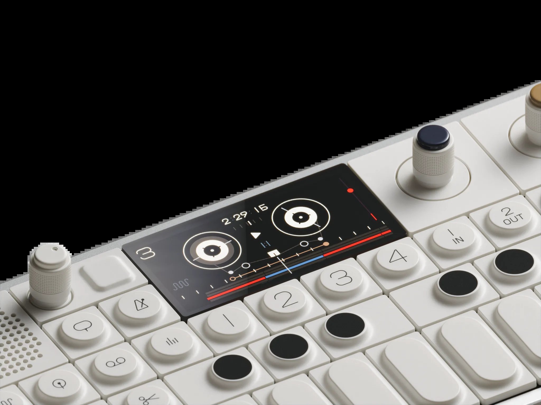 OP-1 field close-up showing the tape screen graphics, numbered keys and color-coded encoders