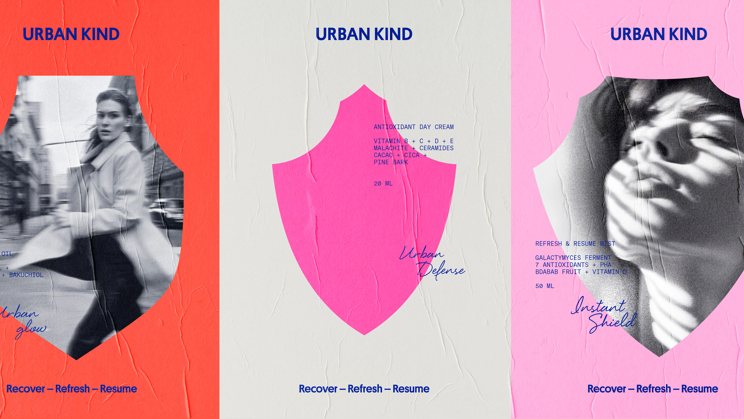 Urban Kind brand identity posters by Everland: shield device in saturated pink and red with typography