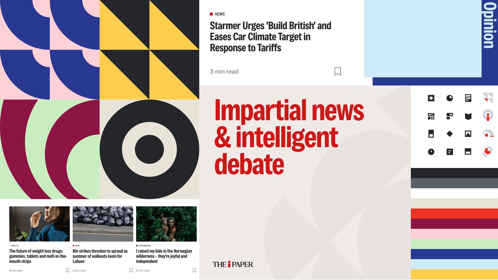 Brand system board for the i Paper digital experience: geometric pattern tiles, a news article card, the red 'Impartial news and intelligent debate' statement, an icon set and color bars