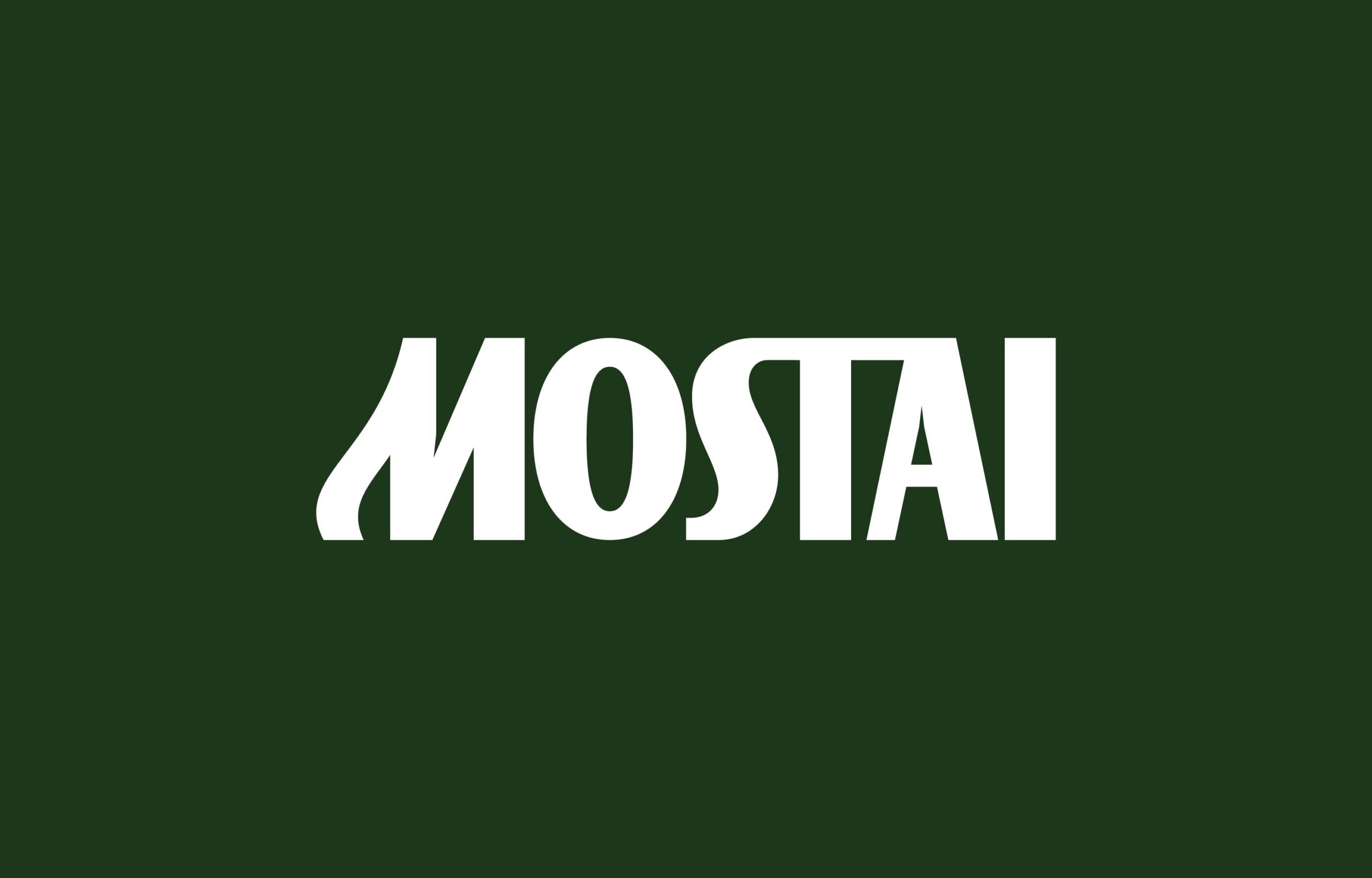 Mostai wordmark in white on dark green, the M drawn with swing lines like a racket in motion