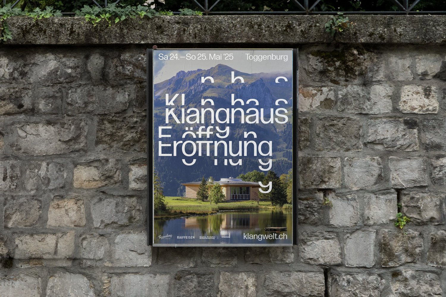 Klanghaus opening poster in situ on a stone wall
