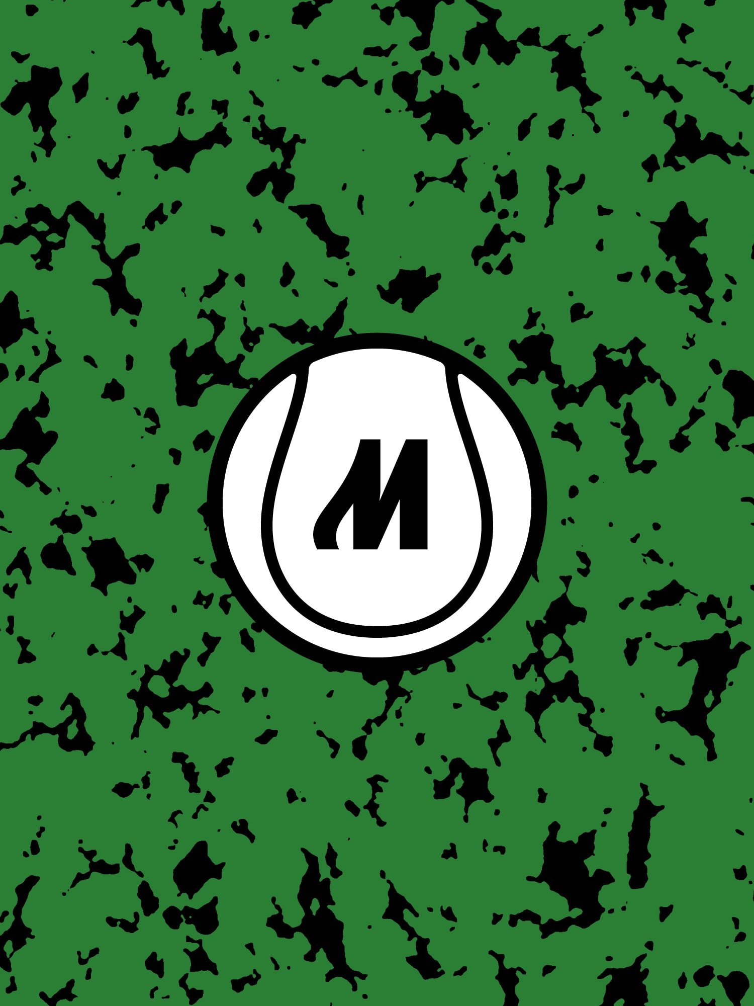 Mostai M monogram inside a circle resembling a padel ball, on a green marbled background