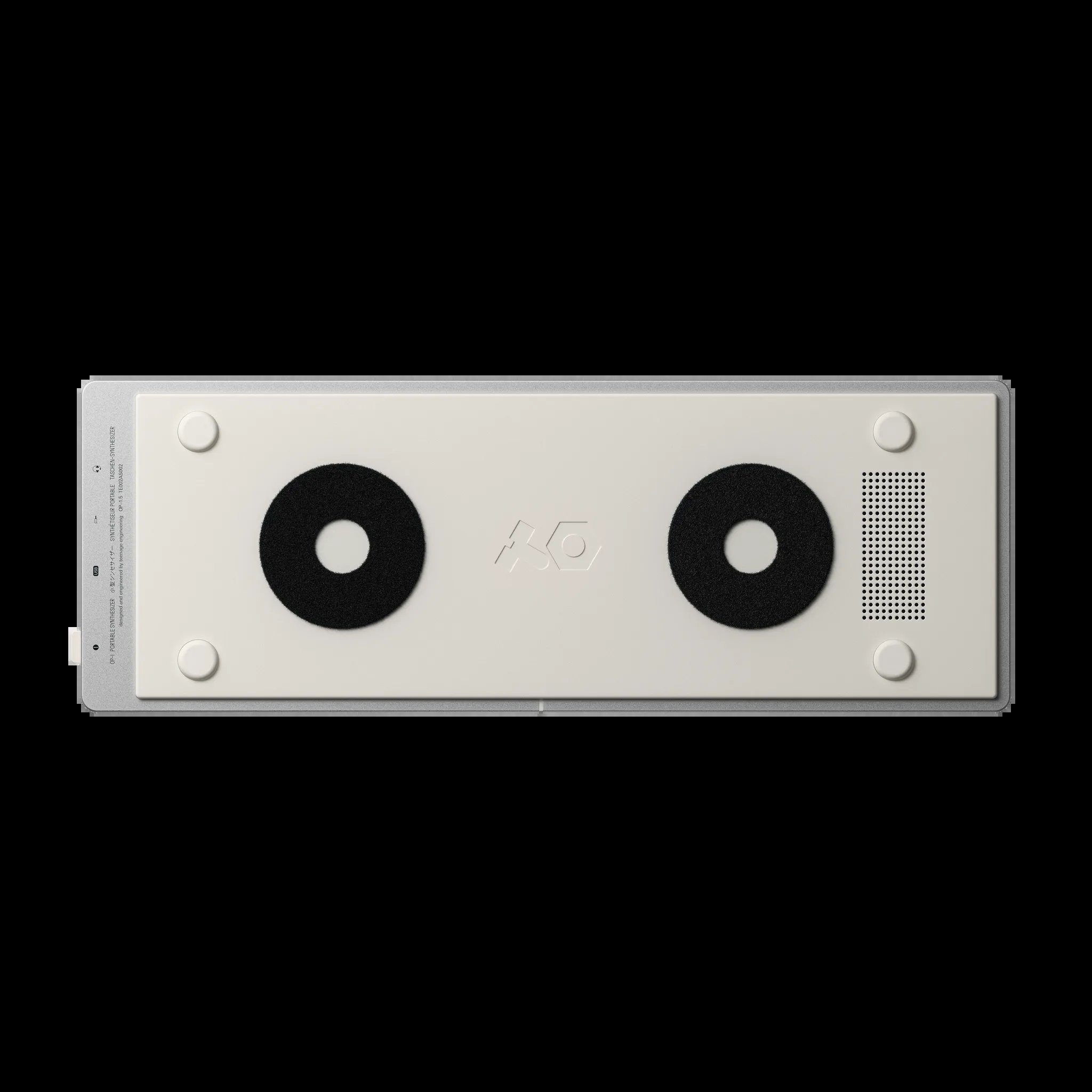 Back of the OP-1 field with two velcro fastening rings and speaker grille