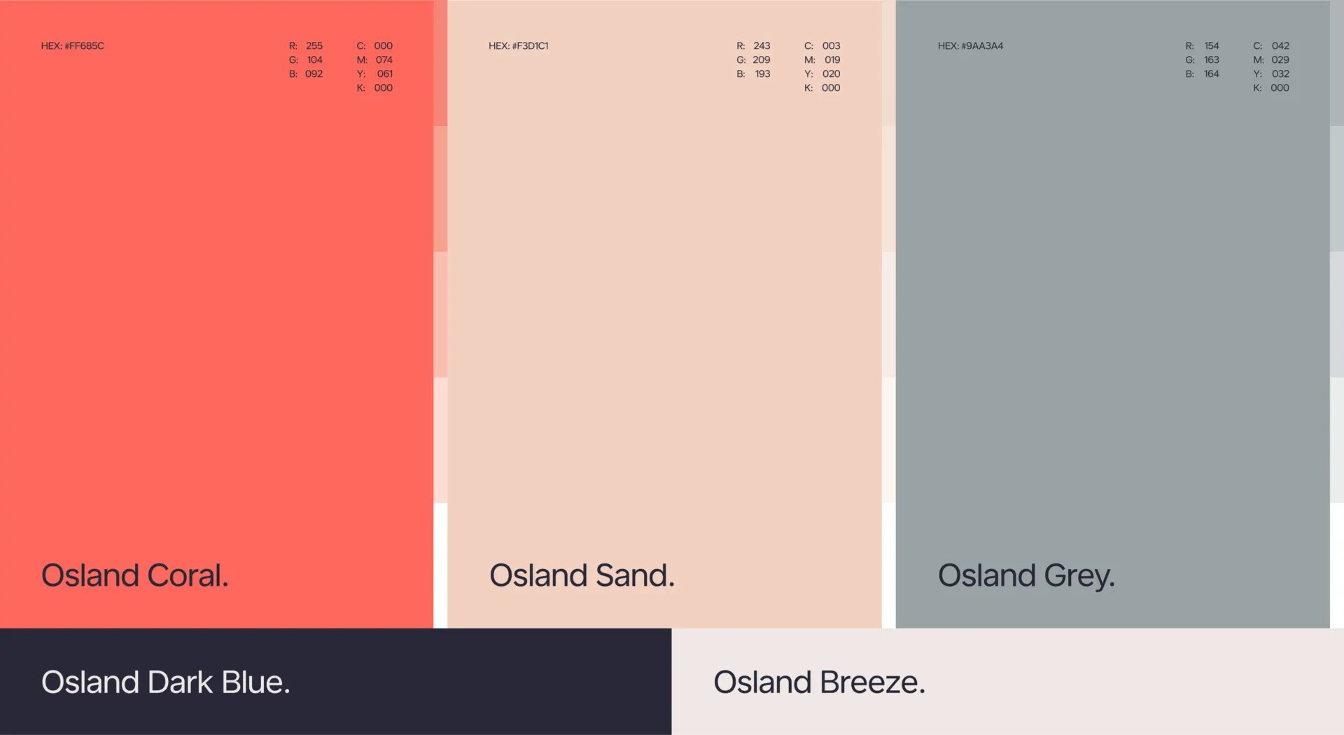 Osland brand color palette panels: Osland Coral, Sand, Grey, Dark Blue and Breeze